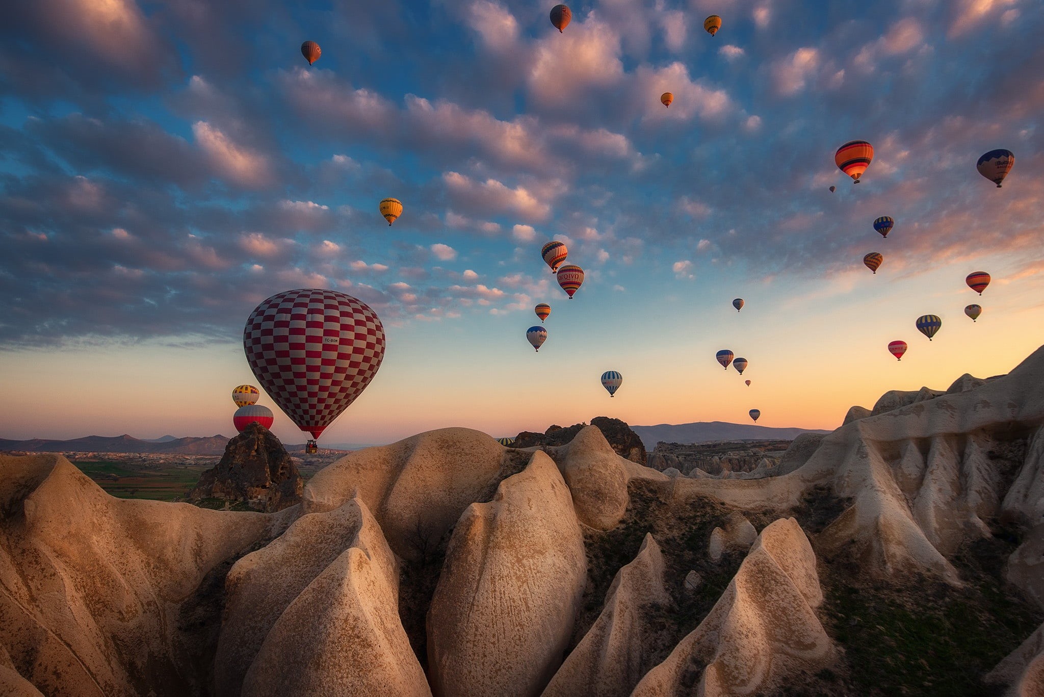 1080P, the evening, balloons, Cappadocia, Turkey, tuff, rocks, Materov., HD Wallpaper