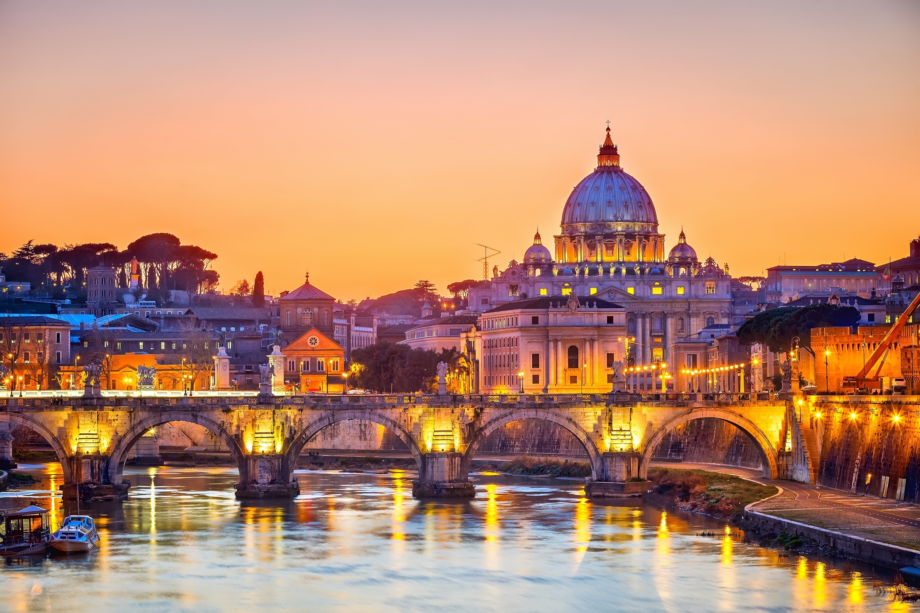 tourist, famous Place, sunset, river, nature, arc, bridge, dawn, monument, europe, ponte Sant Angelo, illuminated, italian Culture, architecture, vatican, HD Wallpaper