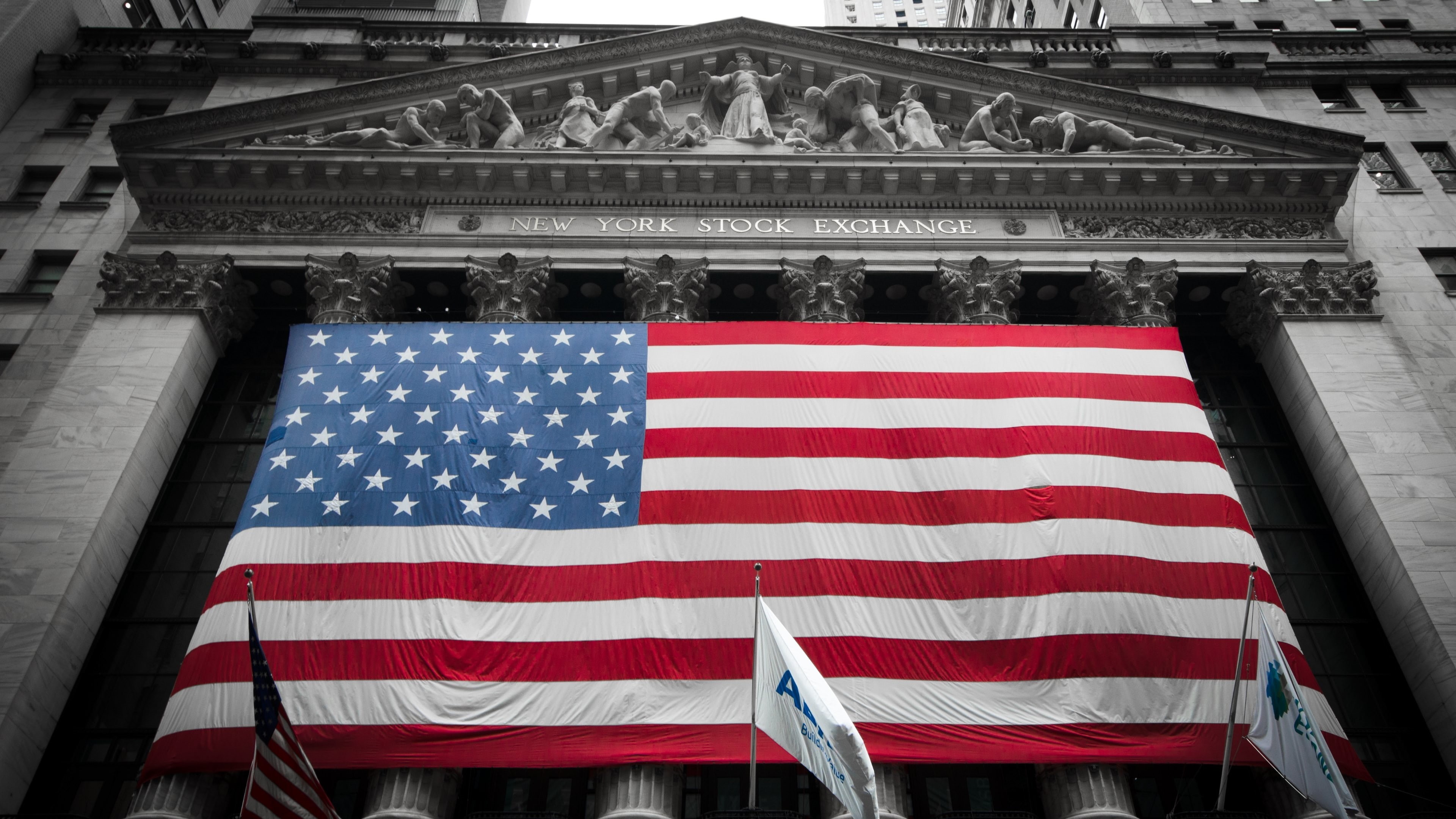Wall Street, city, architecture, New York City, 4K, New York Stock Exchange, flag, North America, HD Wallpaper
