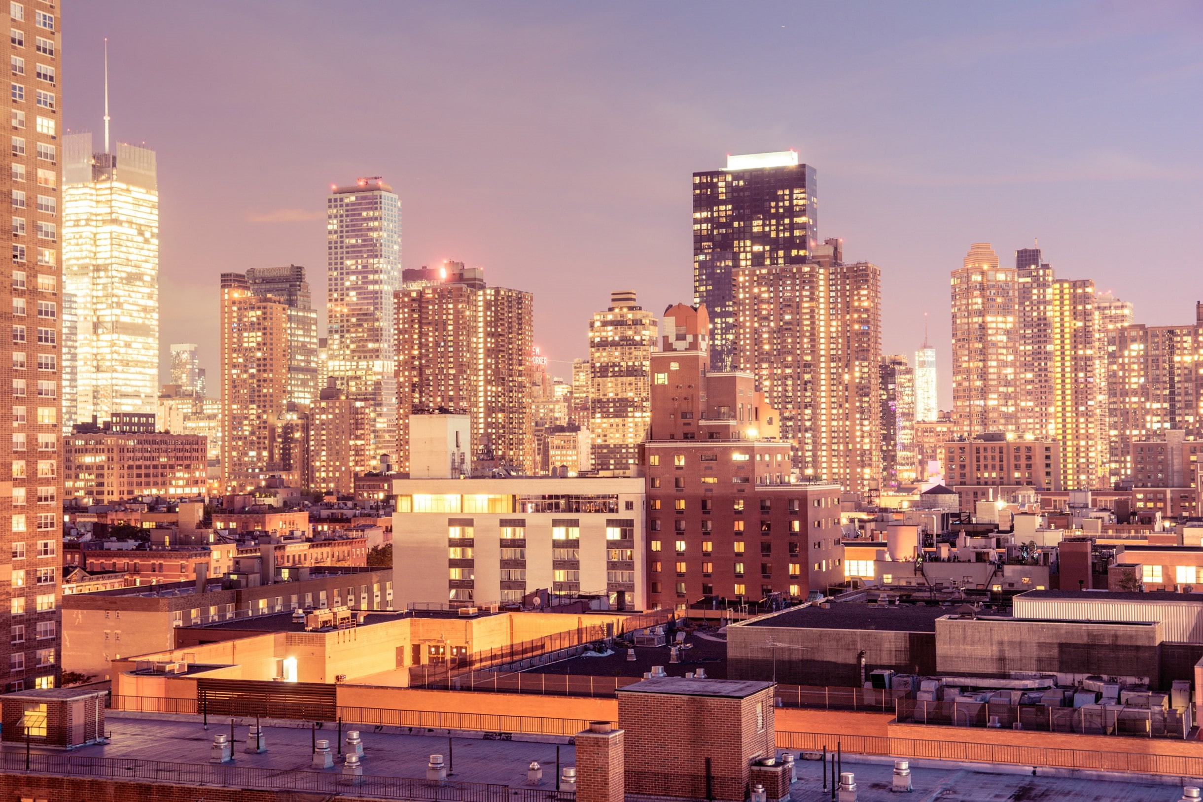 Manhattan, windows, evening, lights, city, USA, light house, New York City, 1080P, Midtown, rooftops, Skyscrapers, Buildings, HD Wallpaper