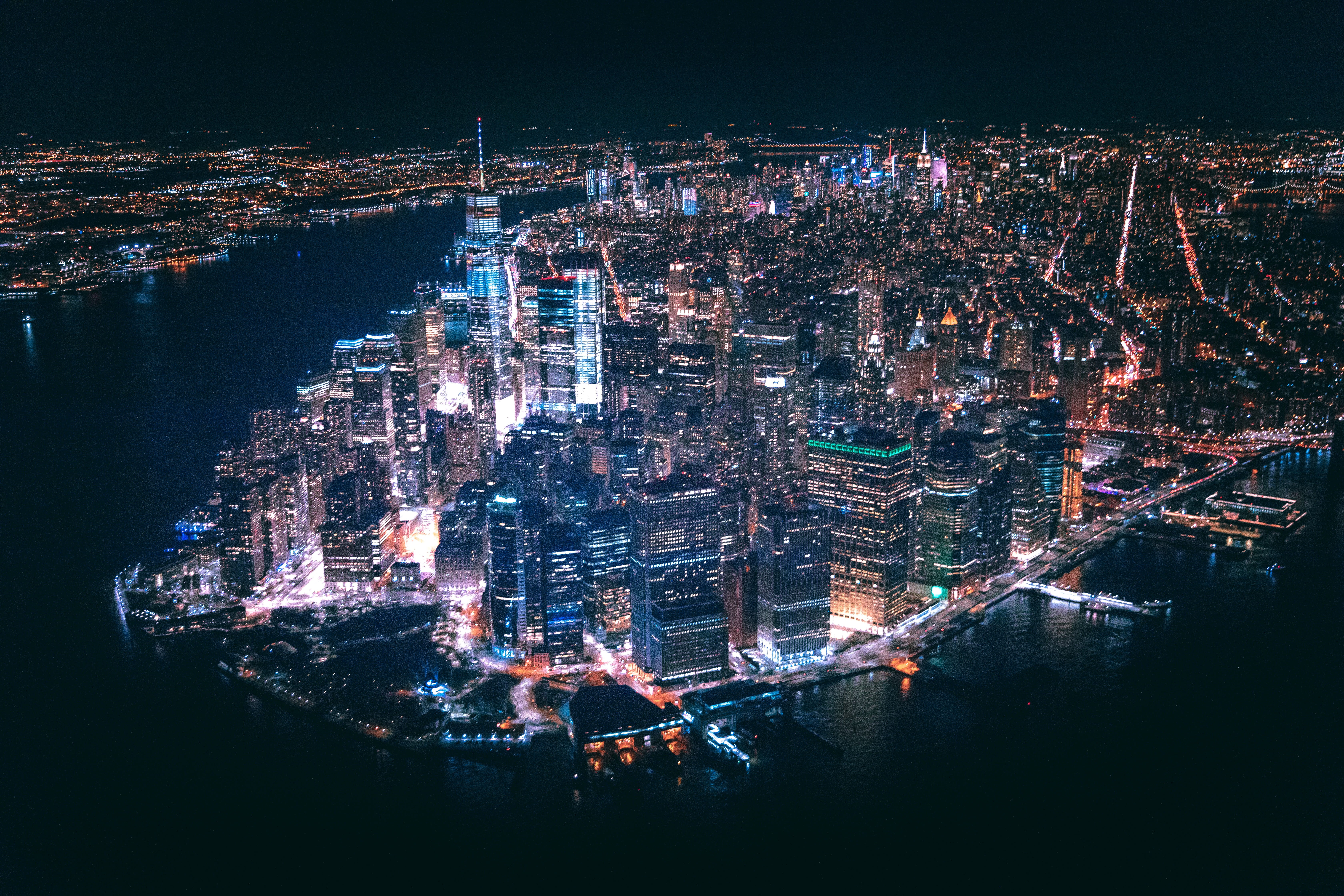 horizon, crowded, aerial, lights, helicopter view, ny, nature, residential district, city, light, city life, built structure, aerial view, 5K, financial district, HD Wallpaper