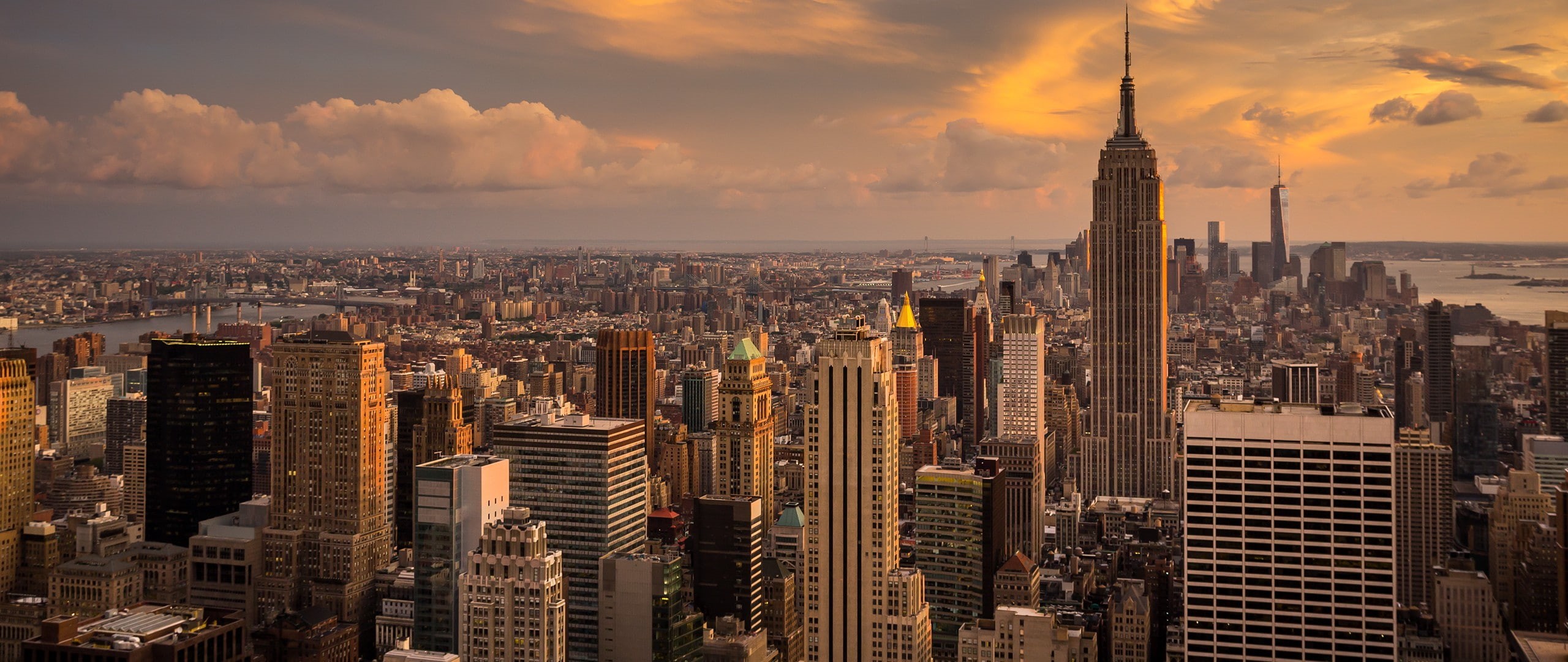 city, Manhattan, clouds, downtown district, crowd, tall - high, New York City, 2K, cloud - sky, built structure, crowded, travel, nature, romantic sky, HD Wallpaper