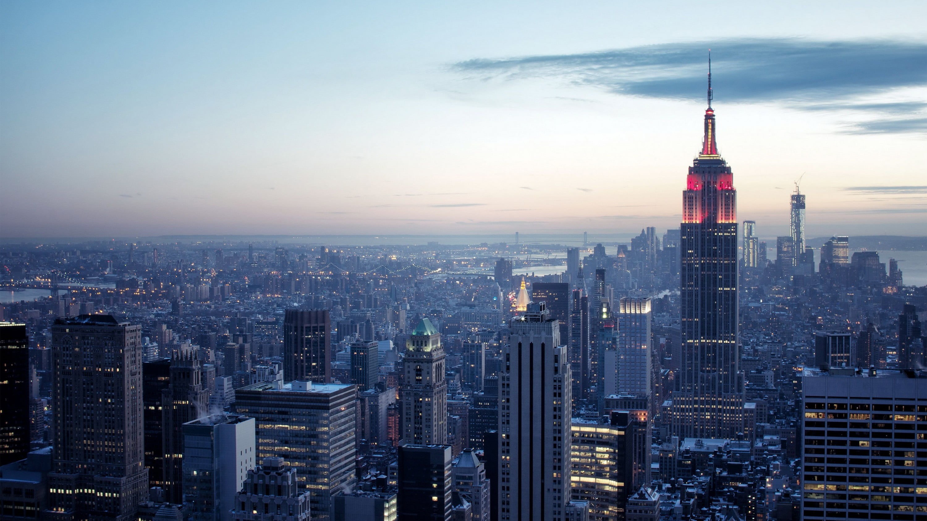 2K, Empire State Building, skyscraper, building exterior, landscape, tall - high, New York City, modern, travel, cityscape, dusk, spire, crowded, financial district, HD Wallpaper