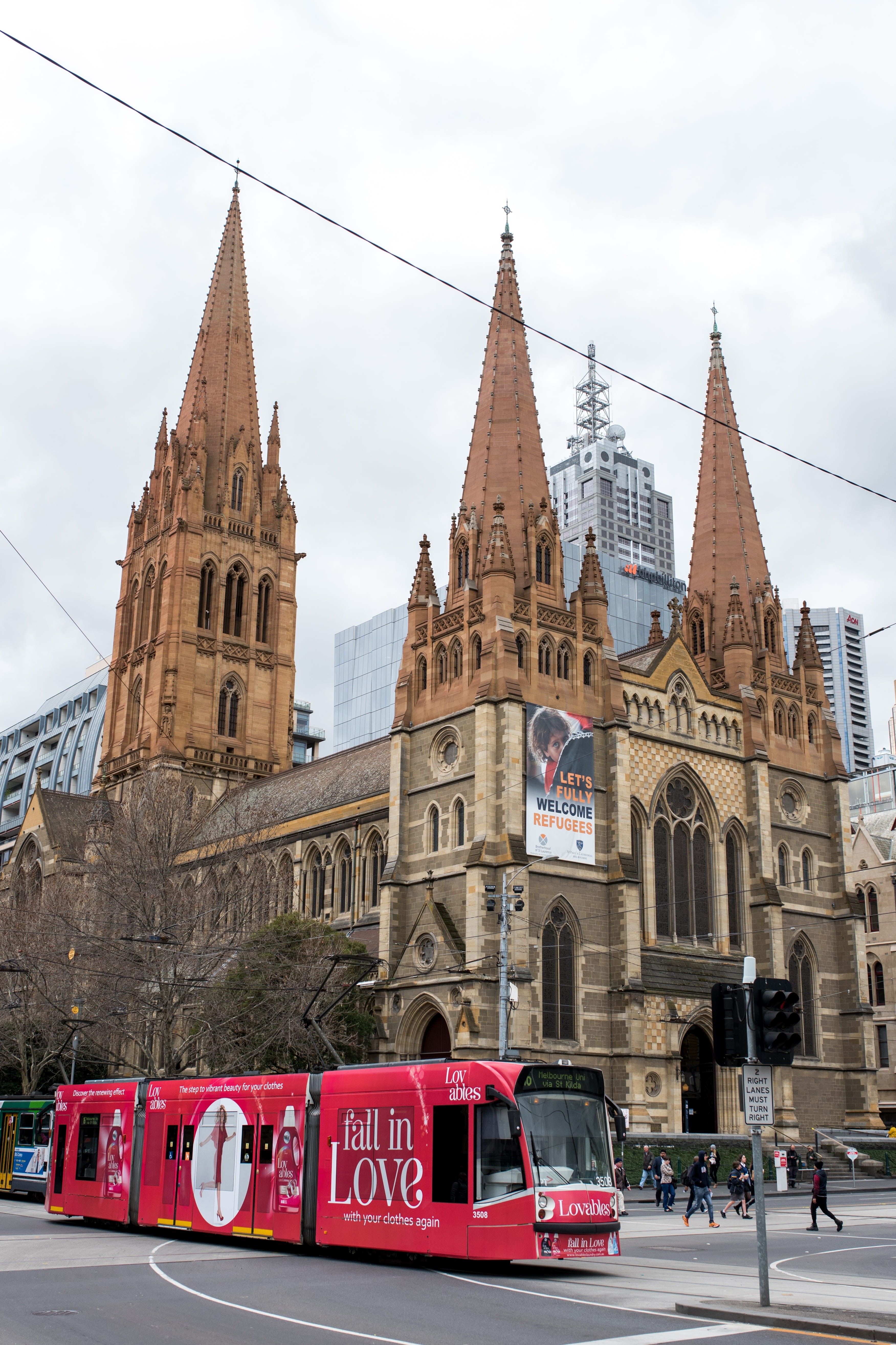 city, melbourne, sky, architecture, building, land vehicle, spirituality, transportation, outdoors, belief, place of worship, spires, spire, building exterior, Phone HD Wallpaper