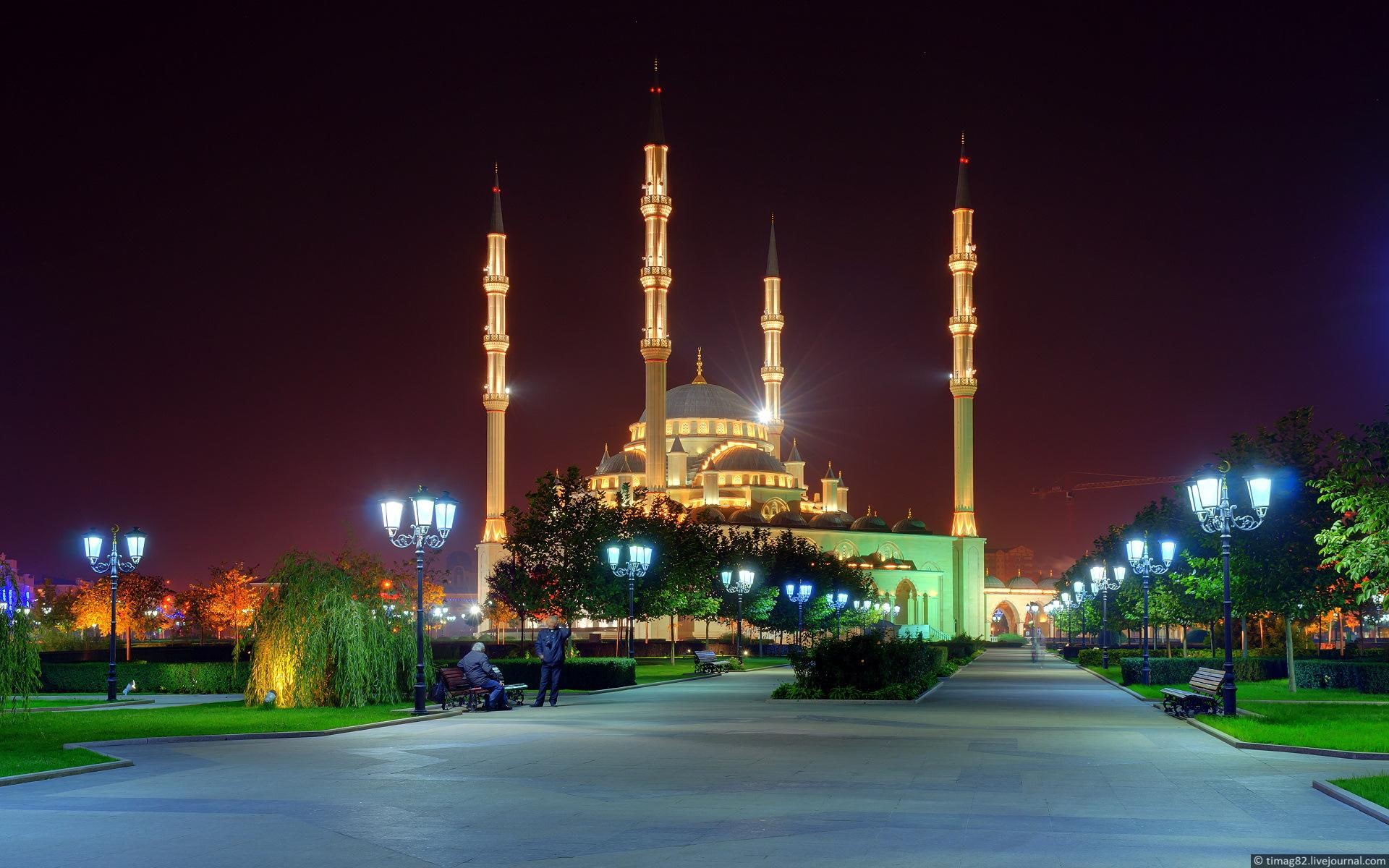 grozny, night, nature and landscapes, concrete, museum, spires, lights, 1080P, russia, HD Wallpaper