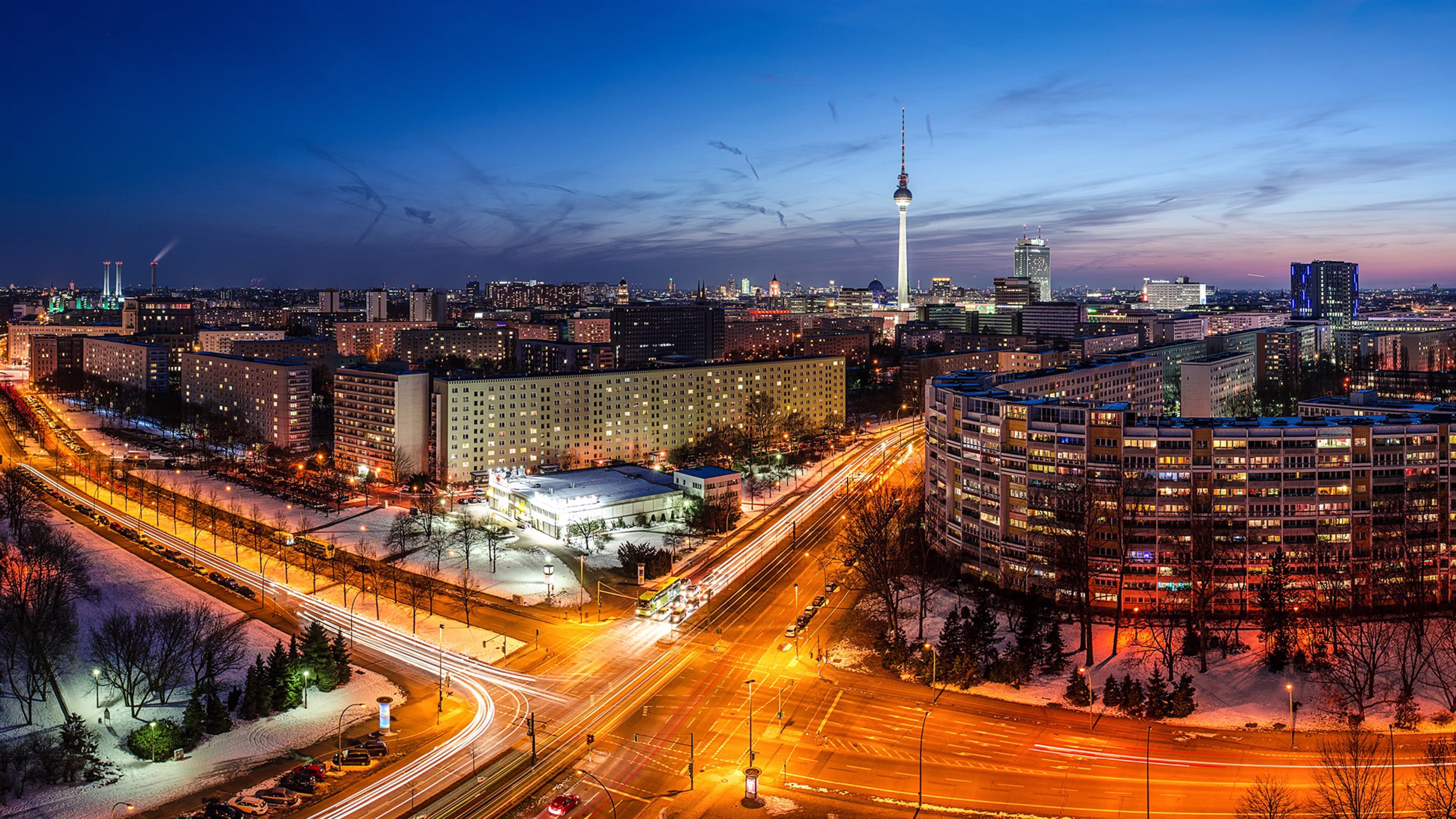 building, street, sky, nature, mode of transportation, light trail, outdoors, building exterior, built structure, skyscraper, cityscape, office building exterior, HD Wallpaper