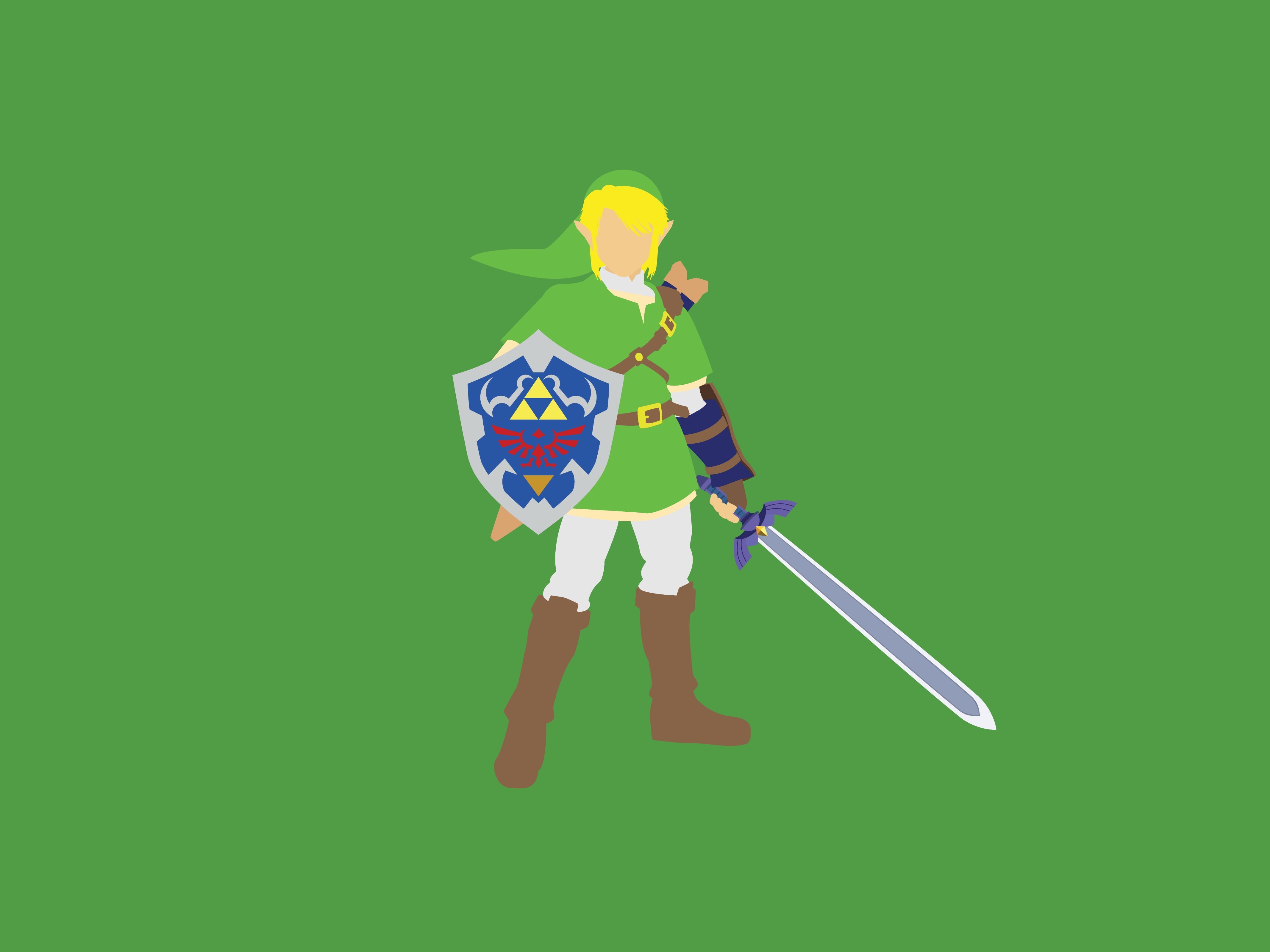 4K, zelda, adult, single object, legend, Master Sword, simple background, minimalism, flag, green color, Hylian Shield, The Legend of Zelda, front view, HD Wallpaper