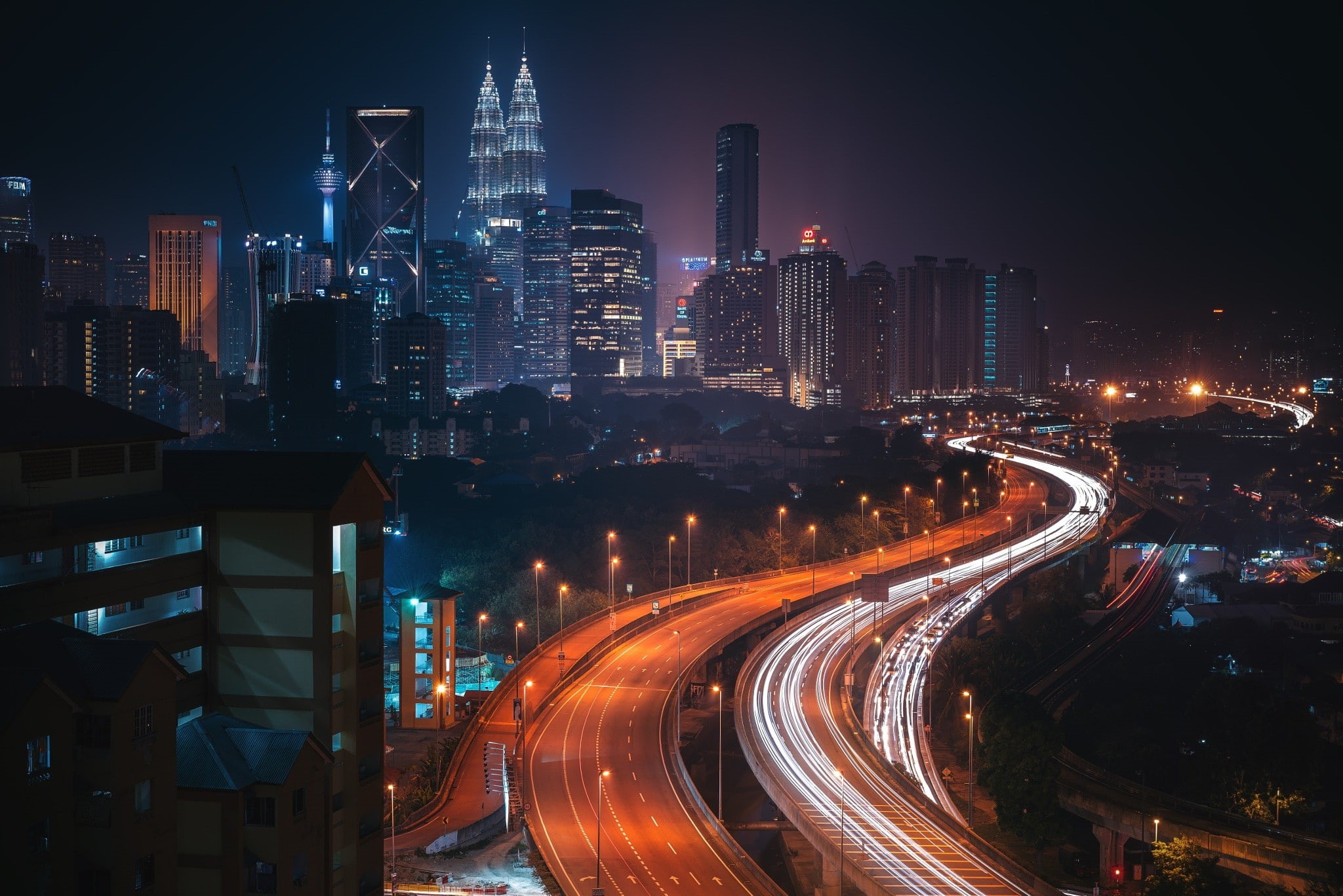 lights, city, night, Kuala Lumpur, building, Malaysia, road, 1080P, HD Wallpaper