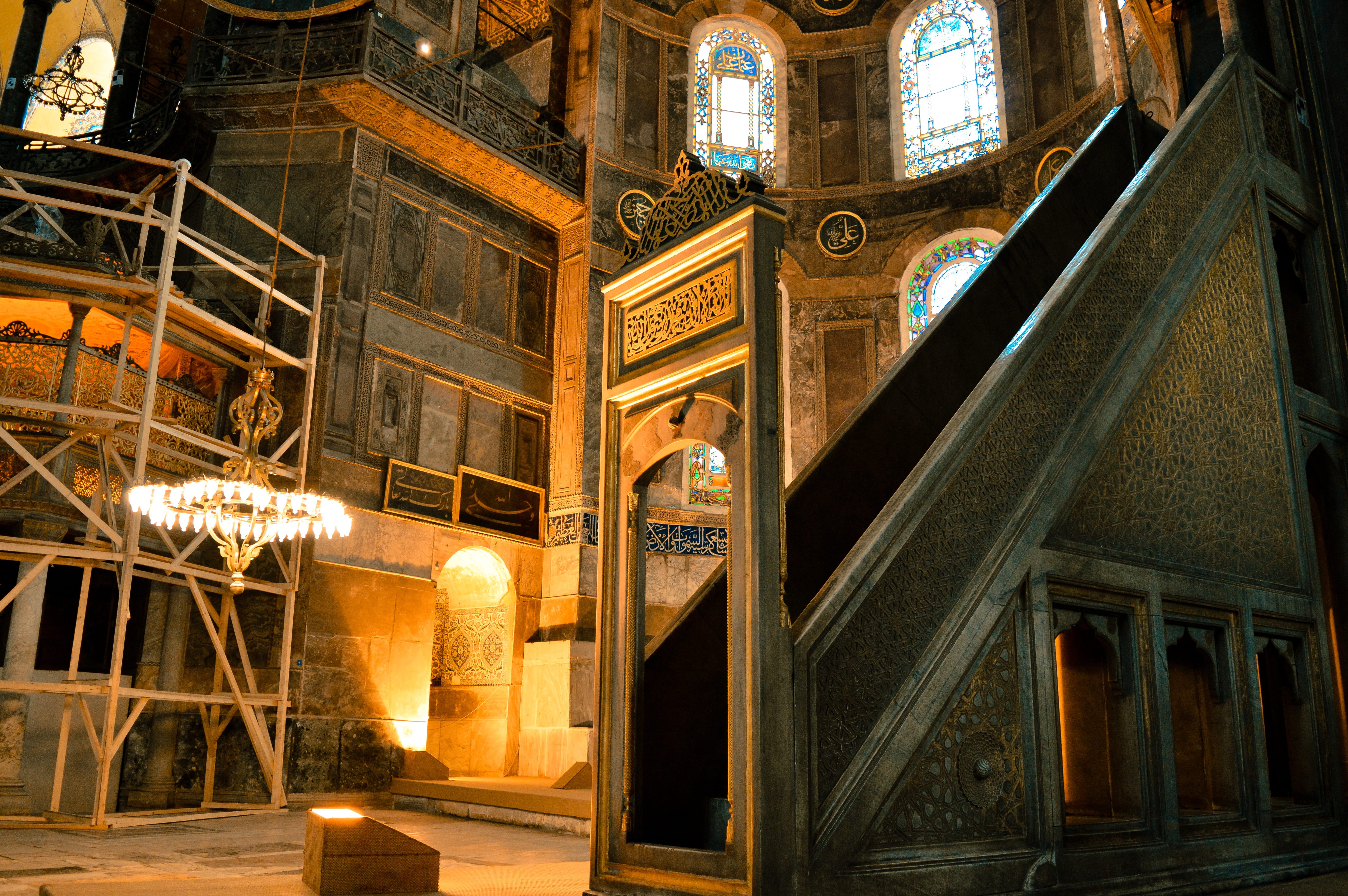 islam, building, building exterior, mosque, travel destinations, turkey, low angle view, lighting equipment, illuminated, no people, altar, staircase, railing, HD Wallpaper