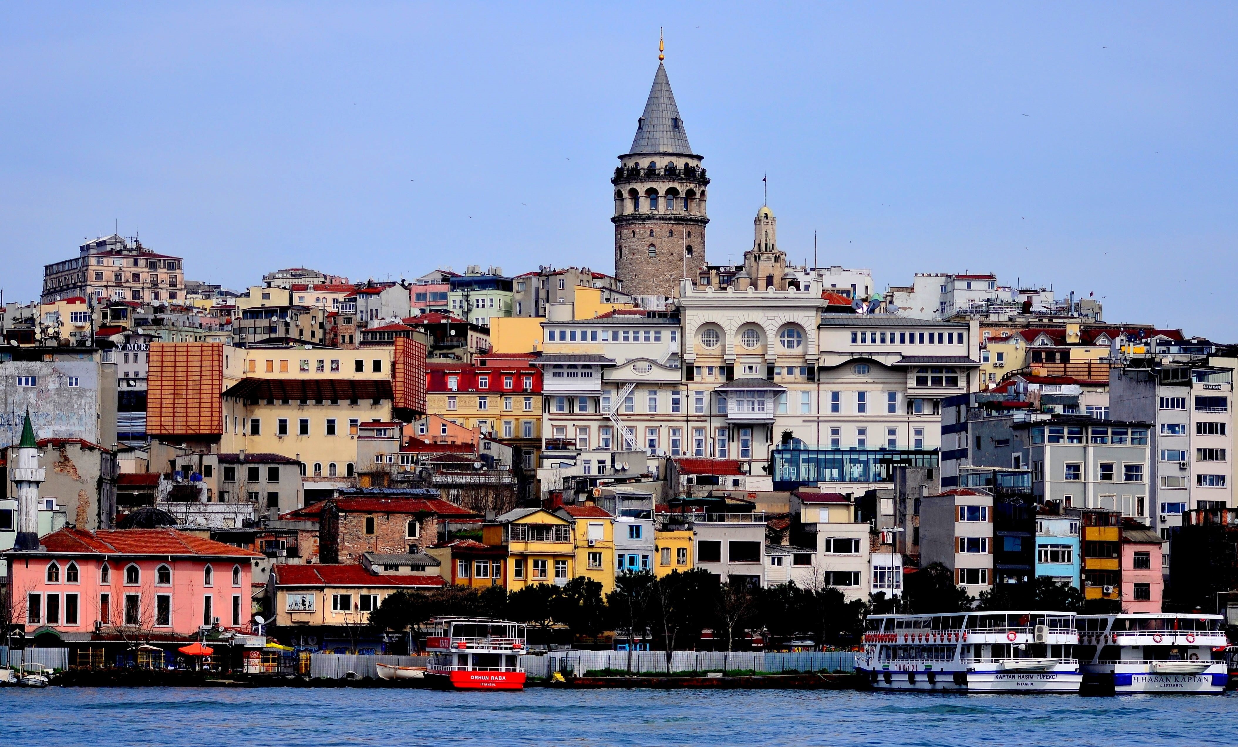 passenger craft, residential district, city, no people, galata, canal, nature, travel destinations, cityscape, outdoors, sea, 4K, tower, building, istanbul, HD Wallpaper