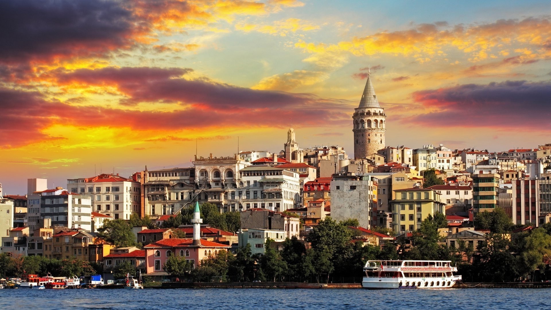 city, nautical vessel, travel, residential district, travel destinations, transportation, mode of transportation, nature, architecture cityscape istanbul turkey building tower ship sunset clouds old building trees water galata kulesi galata, HD Wallpaper