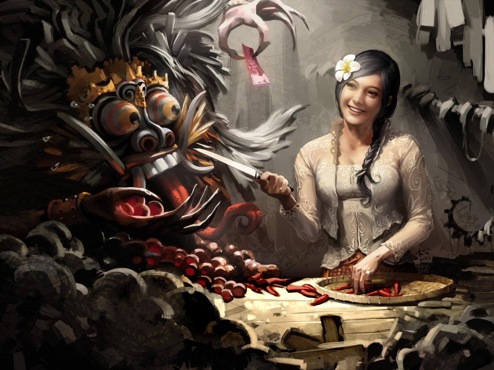 720P, Indonesia, fantasy art, knife, braids, artwork, Bali, flower in hair, HD Wallpaper