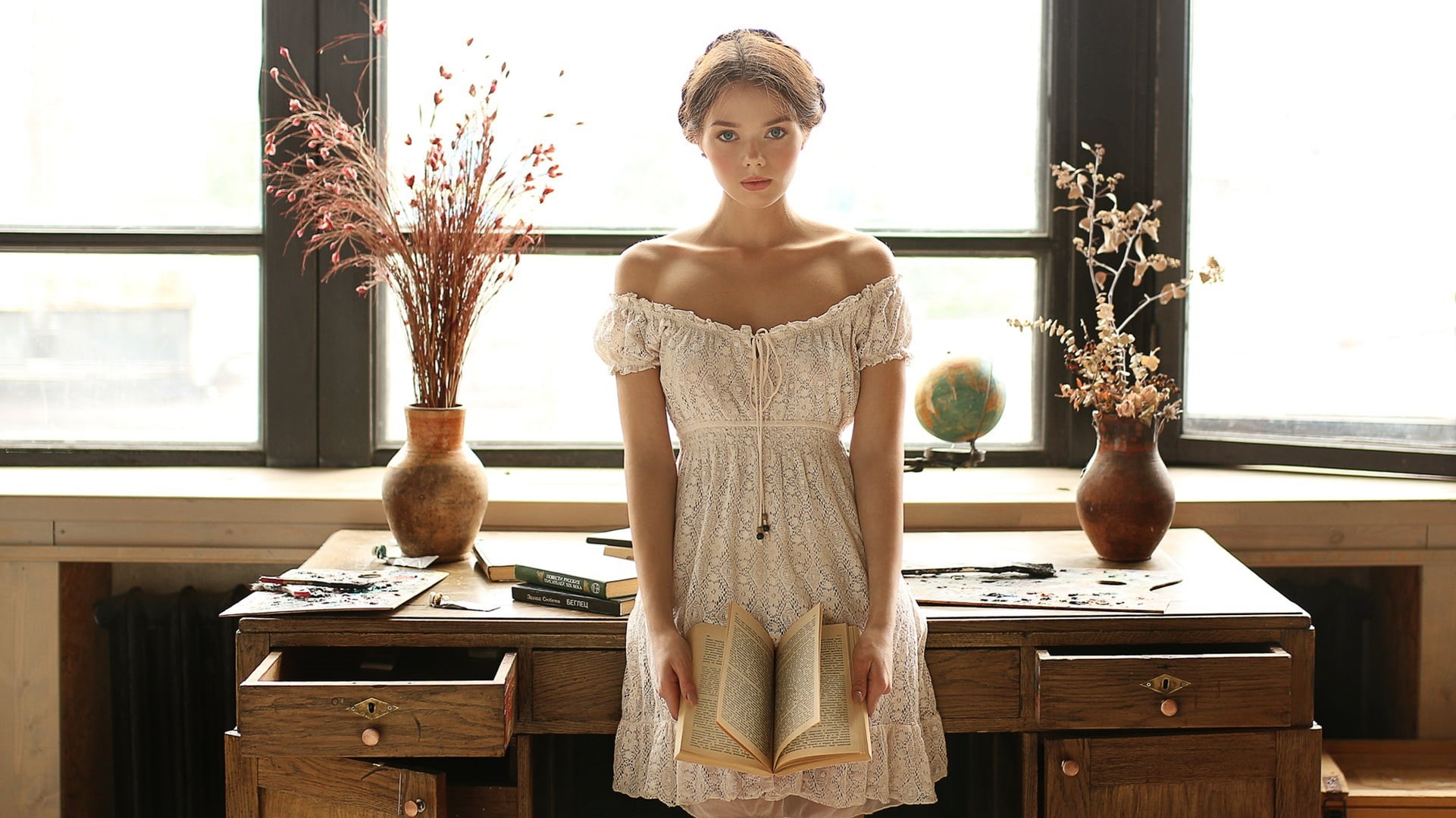 bare shoulders, one person, domestic room, home, nature, adult, 1080P, beauty, dress, young adult, table, hairstyle, real people, books, home interior, HD Wallpaper