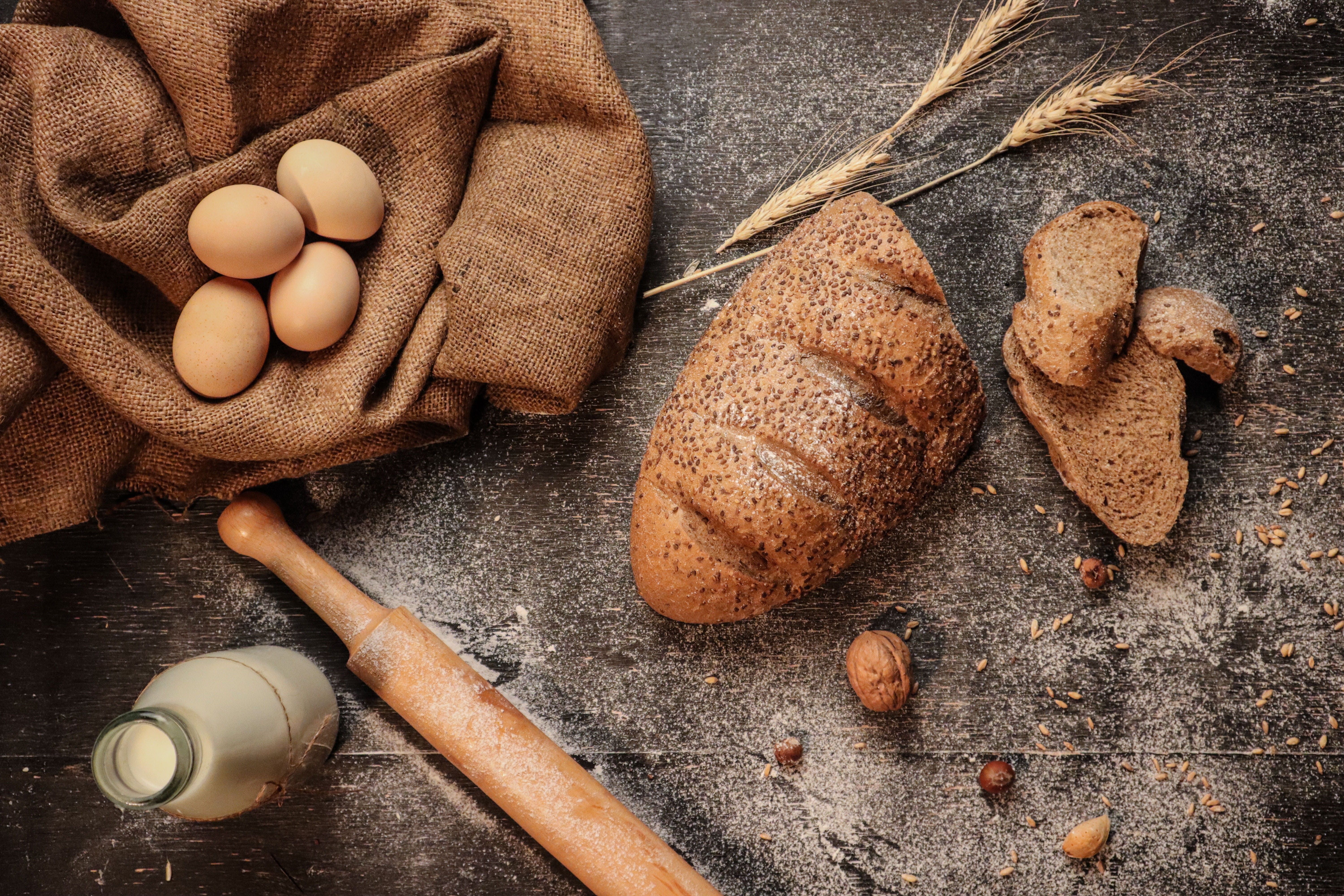 bag, egg, wood - material, high angle view, chocolate, seed, directly above, food and drink, healthy eating, fudge, flour, raw food, kitchen utensil, 5K, HD Wallpaper