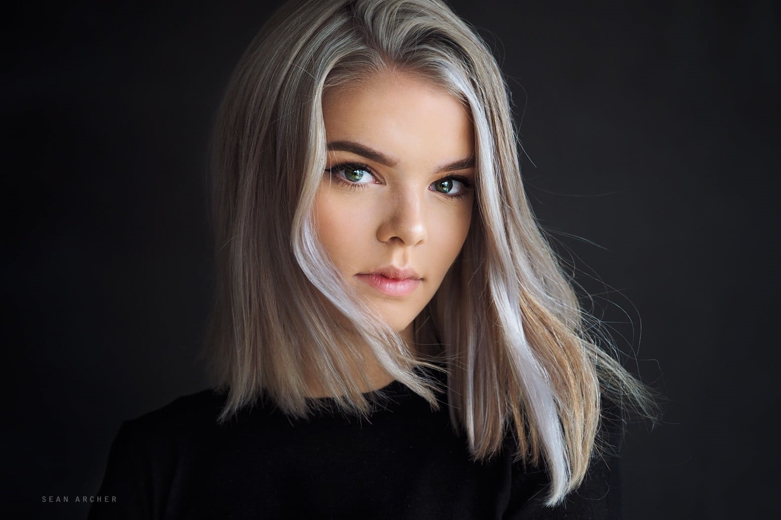 720P, Dorthe, women, black background, green eyes, simple background, beautiful woman, young adult, blonde, looking at camera, body part, contemplation, HD Wallpaper