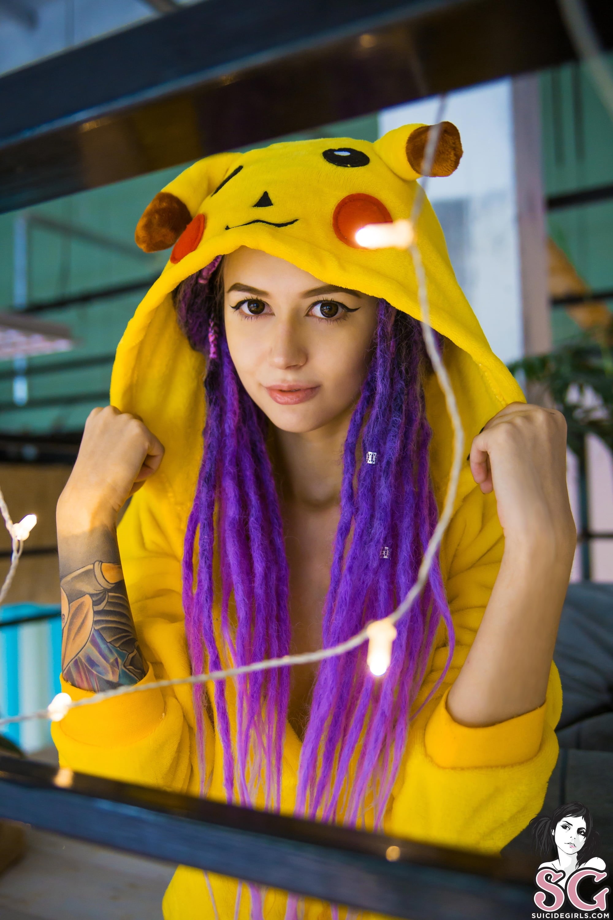 model, looking at viewer, adult, pyjamas, yellow, indoors, front view, dreadlocks, 2K, Pikachu, long hair, beauty, portrait, waist up, casual clothing, Phone HD Wallpaper