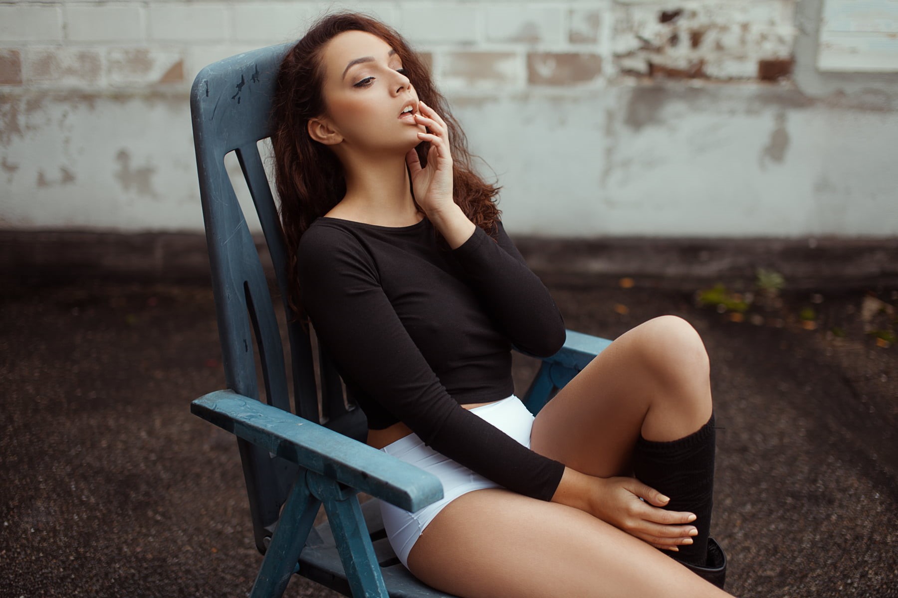 720P, chair, one person, portrait, hairstyle, real people, casual clothing, contemplation, women, finger on lips, young adult, beauty, black stockings, HD Wallpaper