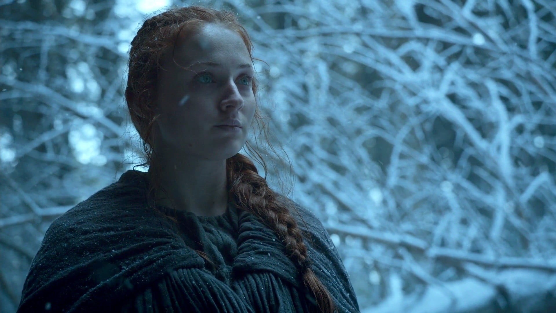 redhead, one person, looking away, clothing, beauty, 1080P, face, warm clothing, extreme weather, women, young adult, braids, young women, Sophie Turner, HD Wallpaper