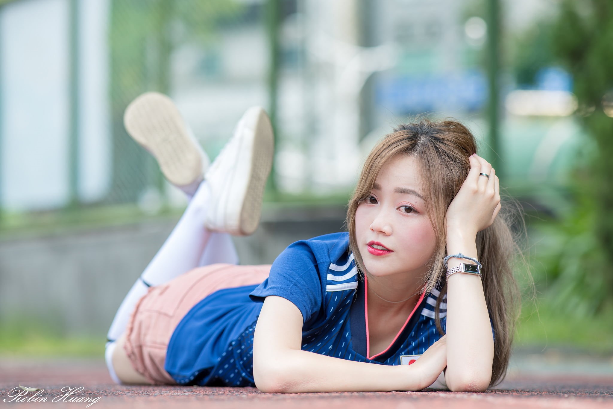 feet up, socks, watch, brown hair, looking at viewer, lying down, sneakers, hair, depth of field, one person, model, brunette, hands on head, lifestyles, HD Wallpaper