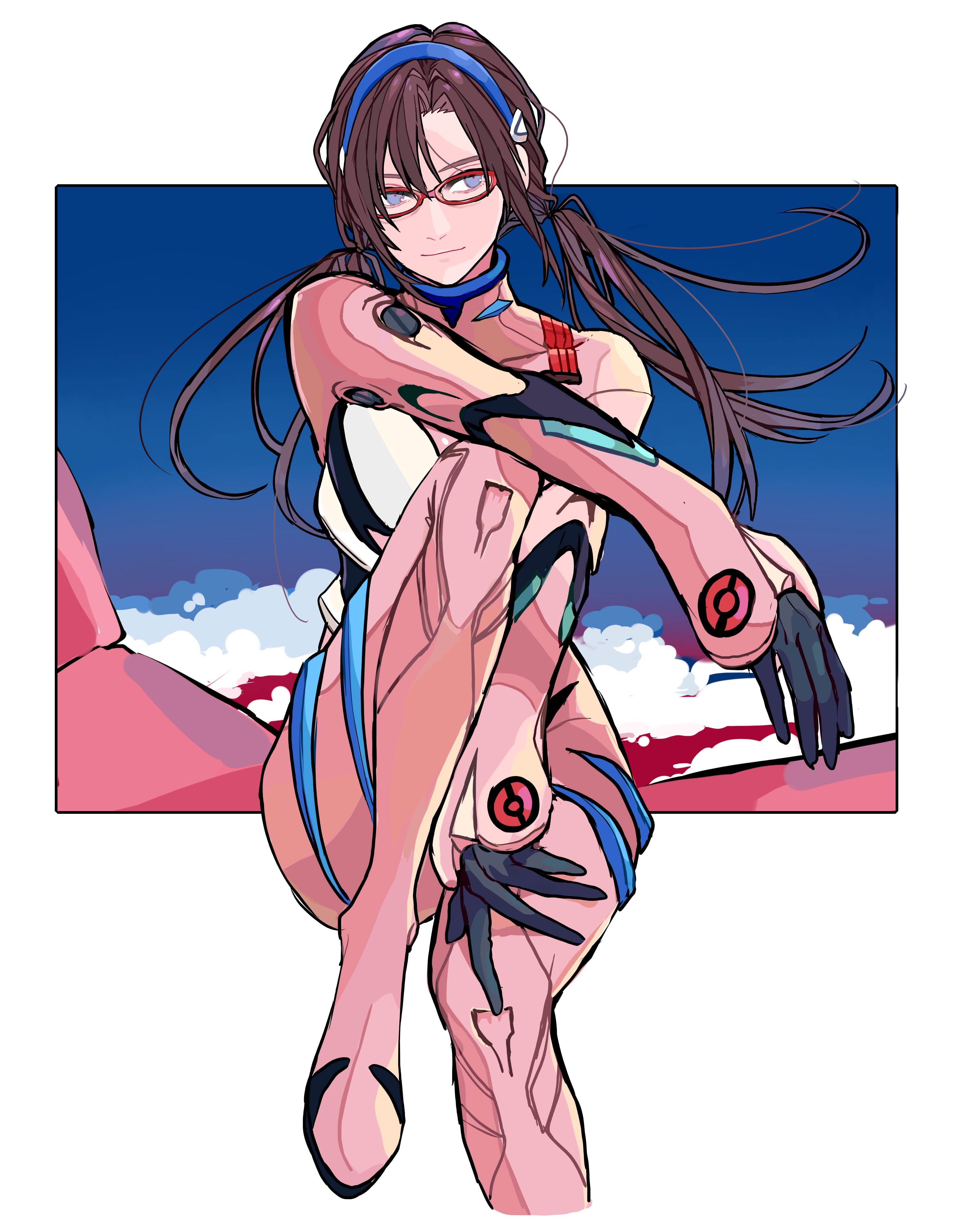 looking at viewer, clear sky, vertical, anime girls, brunette, fan art, Makinami Mari Illustrious, blue eyes, curvy, thighs, long hair, 4K, pigtails, 2D, Phone HD Wallpaper