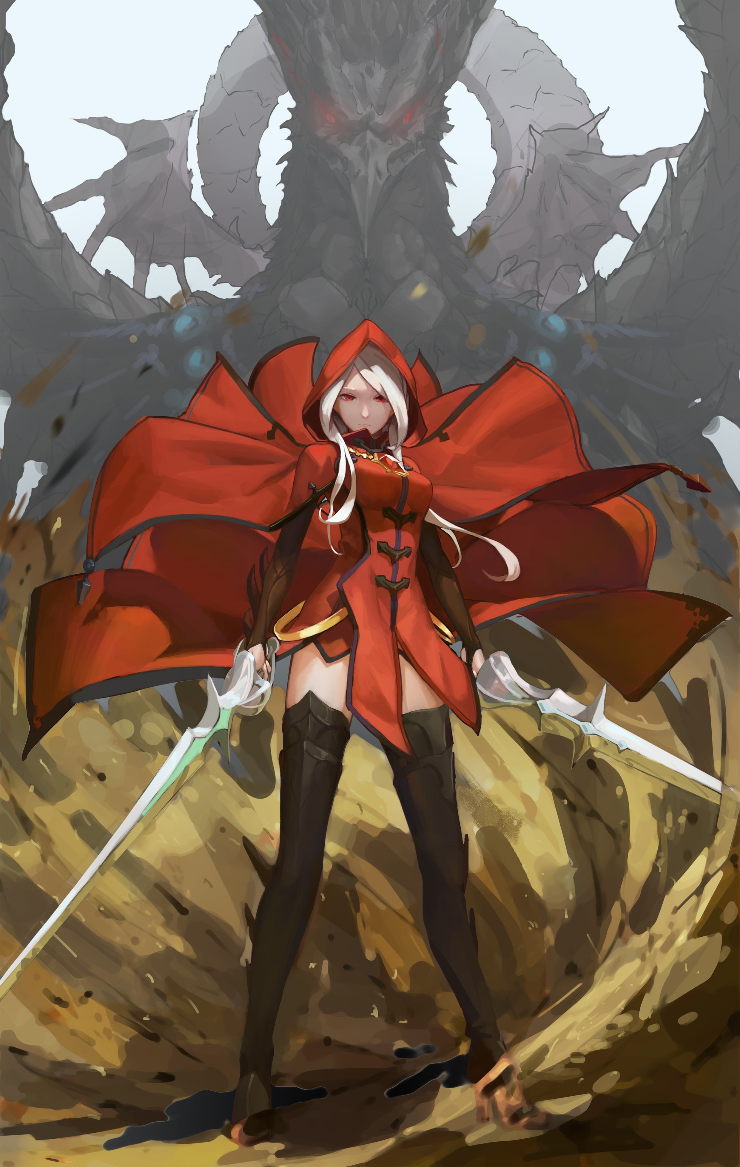 drawing, hoods, red clothing, red eyes, fantasy art, dragon, dress, sword, 2D, looking at viewer, Pixiv, cape, artwork, illustration, digital art, fan art, Phone HD Wallpaper