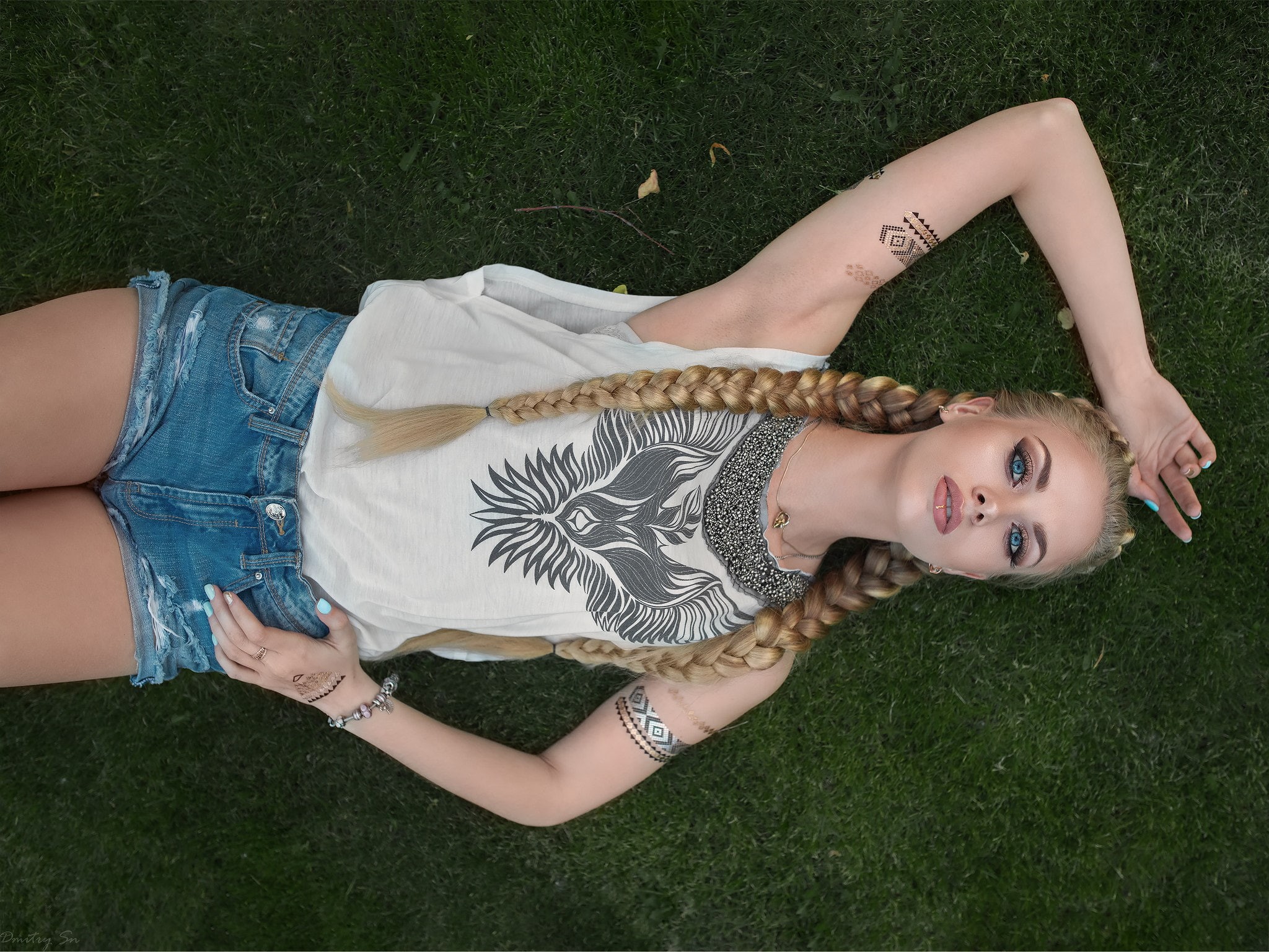 women, 1080P, Karina, blonde, grass, Dmitry Shulgin, Karina Tikhonovskaya, top view, armpits, braids, painted nails, pigtails, jean shorts, Dmitry Sn, HD Wallpaper