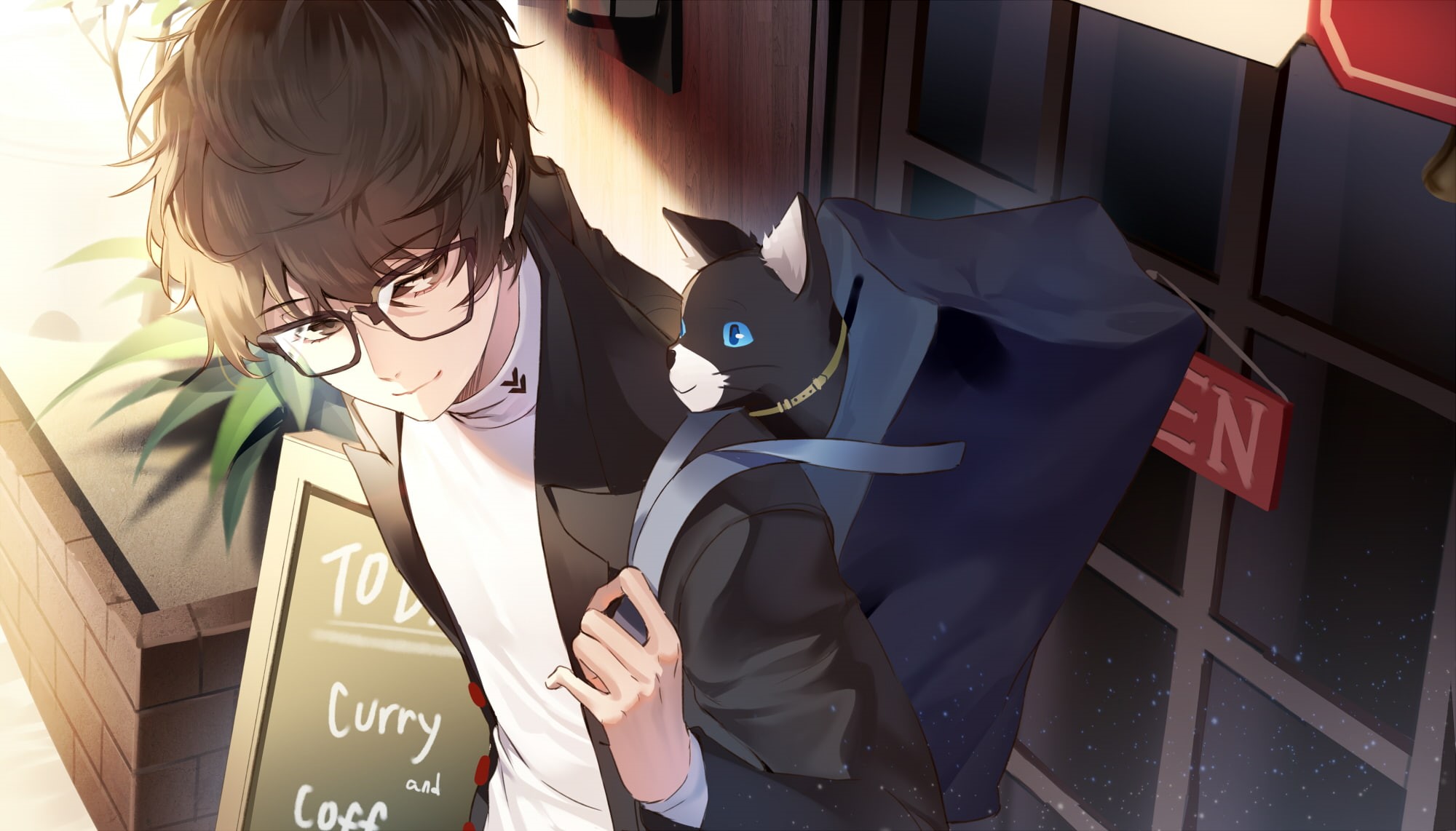 all, male, hair, 1080P, persona, cat, brown, carchet, akira, glasses, com, short, konachan, eyes, morgana, 256409, (persona, animal, kurusu, HD Wallpaper