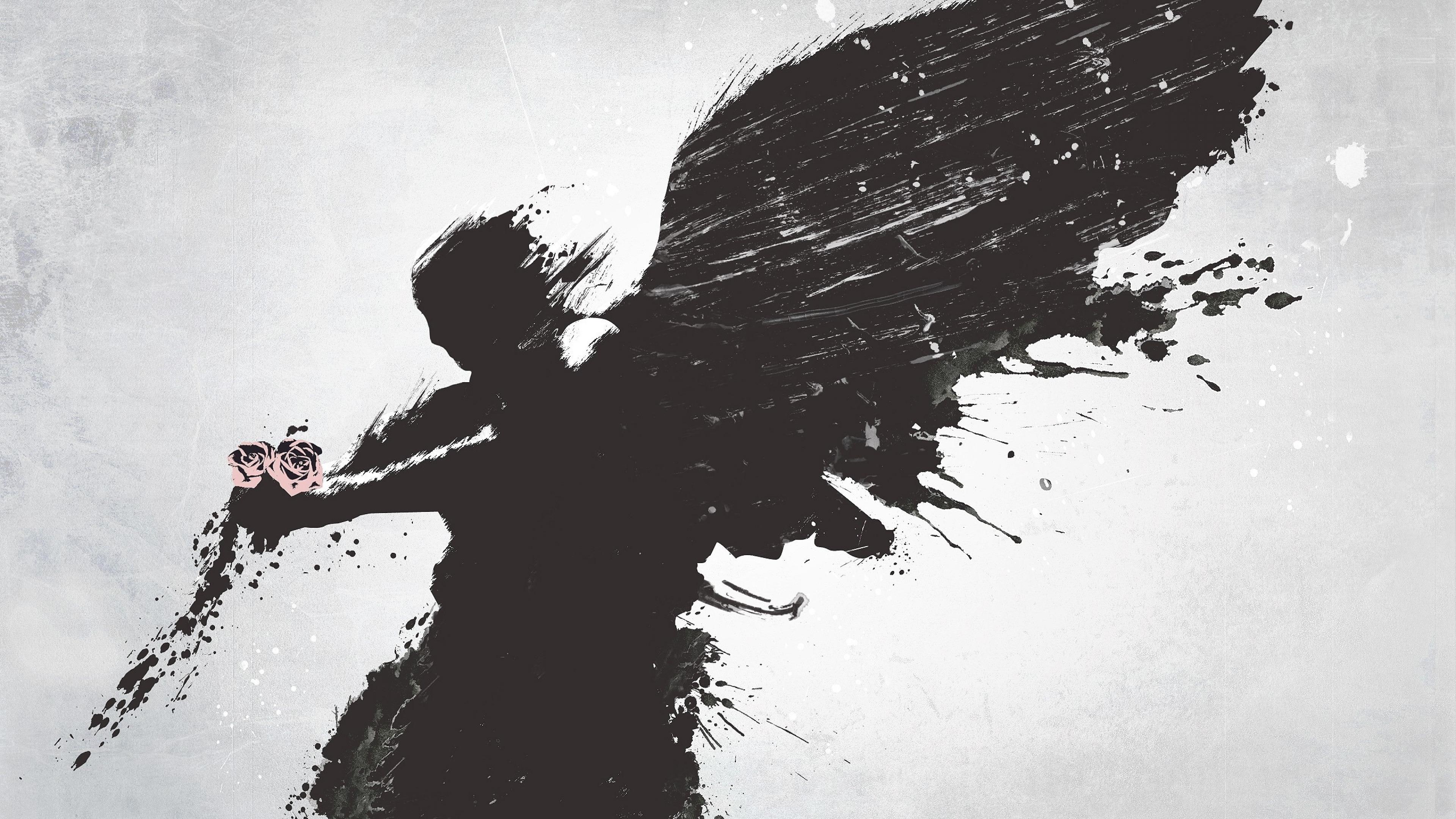 silhouette, black and white, wings, illustration, red roses, 4K, art, angel, roses, HD Wallpaper