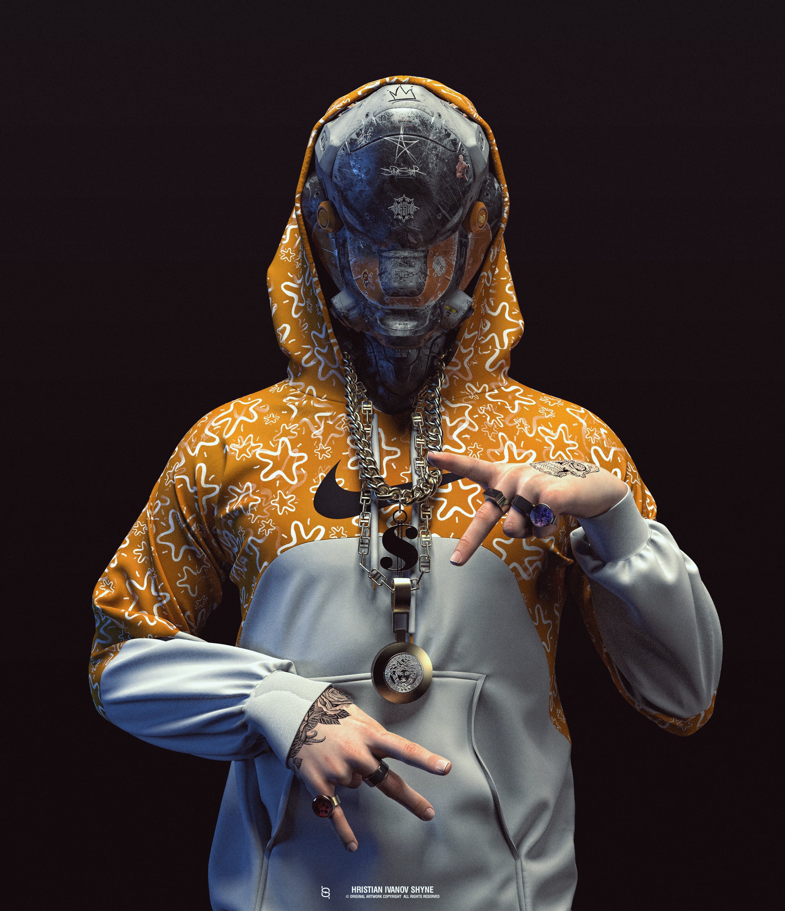 standing, men, hoodie, studio shot, 2K, robot, human body part, gray, disguise, portrait, copy space, tattoo, white, weapon, Nike, adult, waist up, digital art, Phone HD Wallpaper