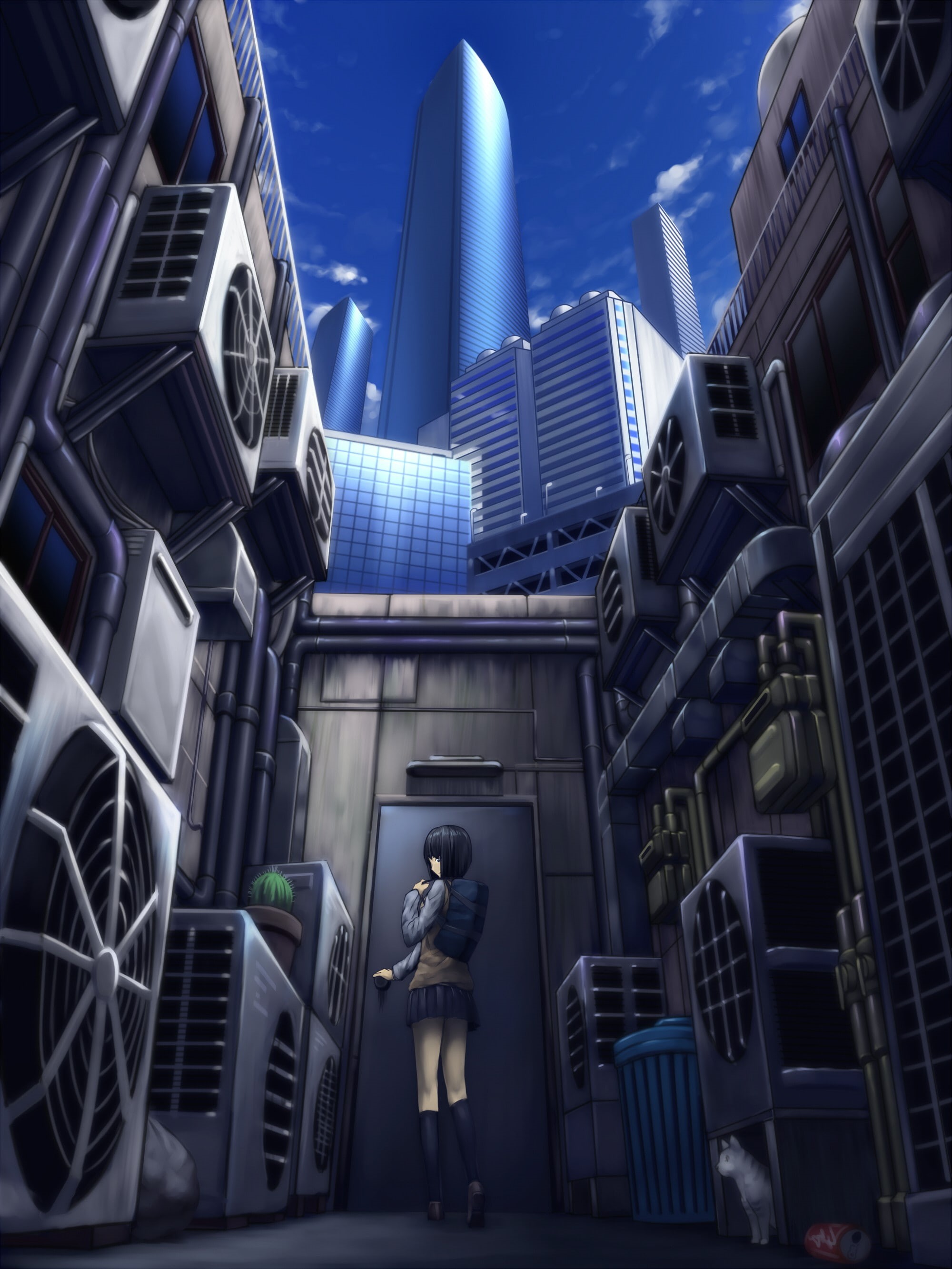 alleyway, anime girls, artwork, 2K, worms eye view, anime, Phone HD Wallpaper
