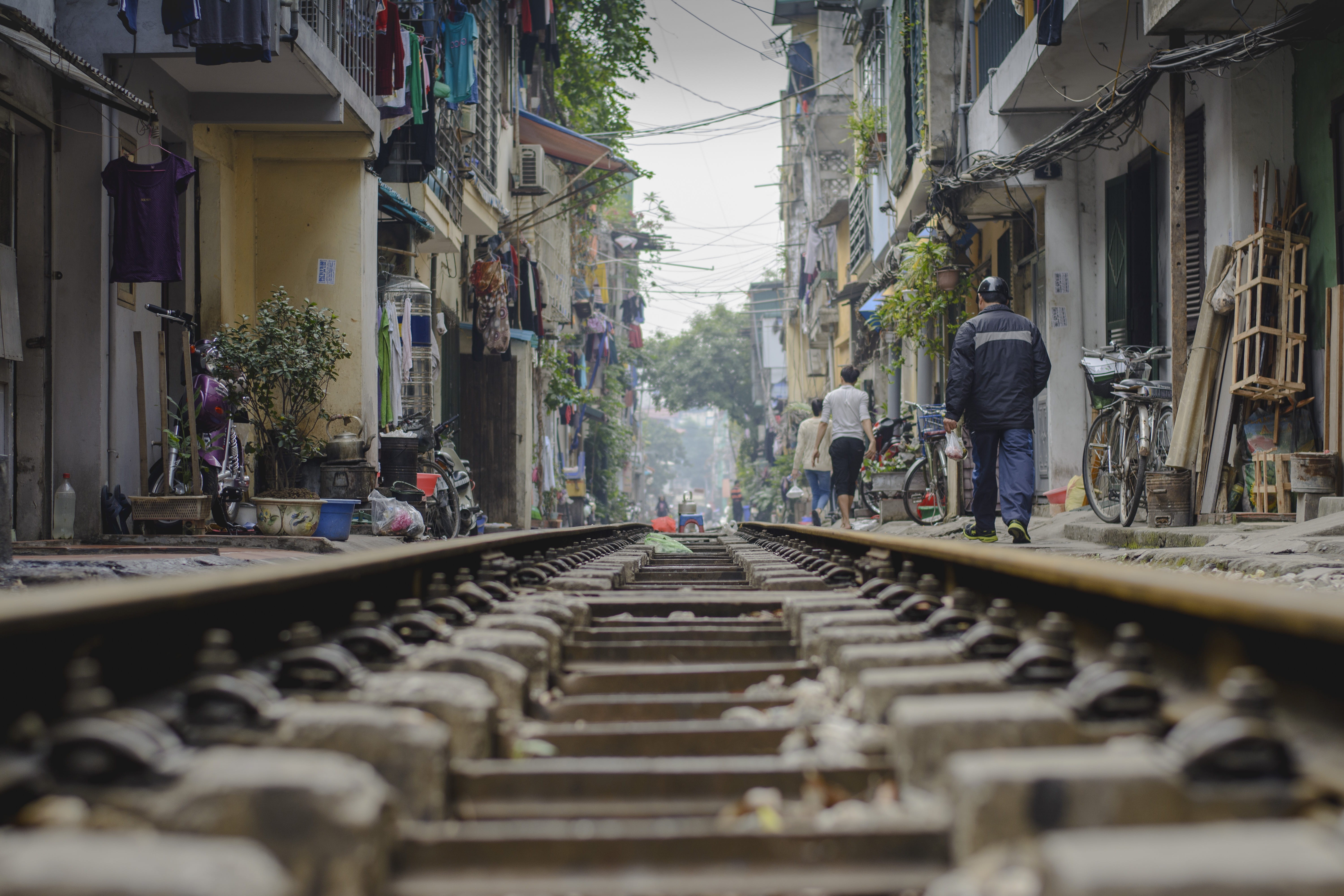 track, mode of transportation, building exterior, street photography, railroad track, asia street, rail, transportation, the way forward, hanoi, houses, HD Wallpaper