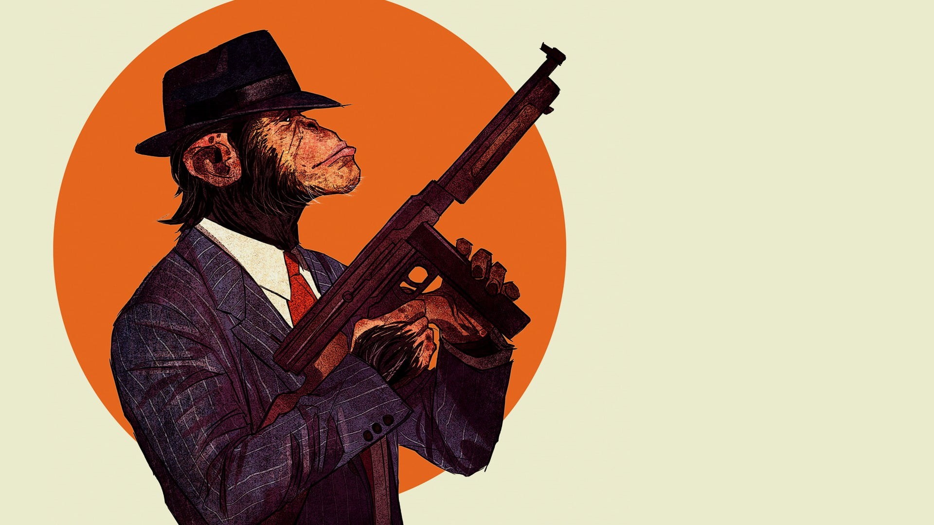 chimpanzees, musician, colored background, holding, copy space, indoors, performance, adult, waist up, musical instrument, rifle, music, monkey, weapon, HD Wallpaper