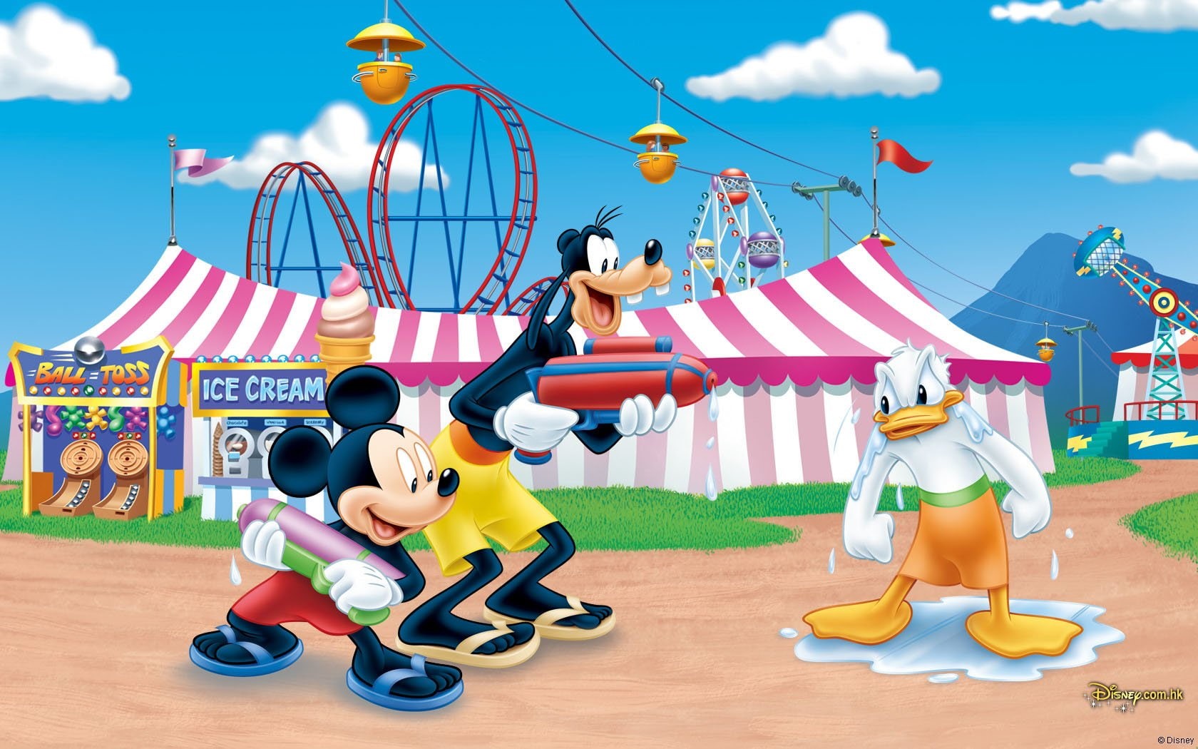 adult, enjoyment, standing, people, child, girls, smiling, Donald Duck, sky, 720P, multi colored, arts culture and entertainment, Disney, togetherness, HD Wallpaper