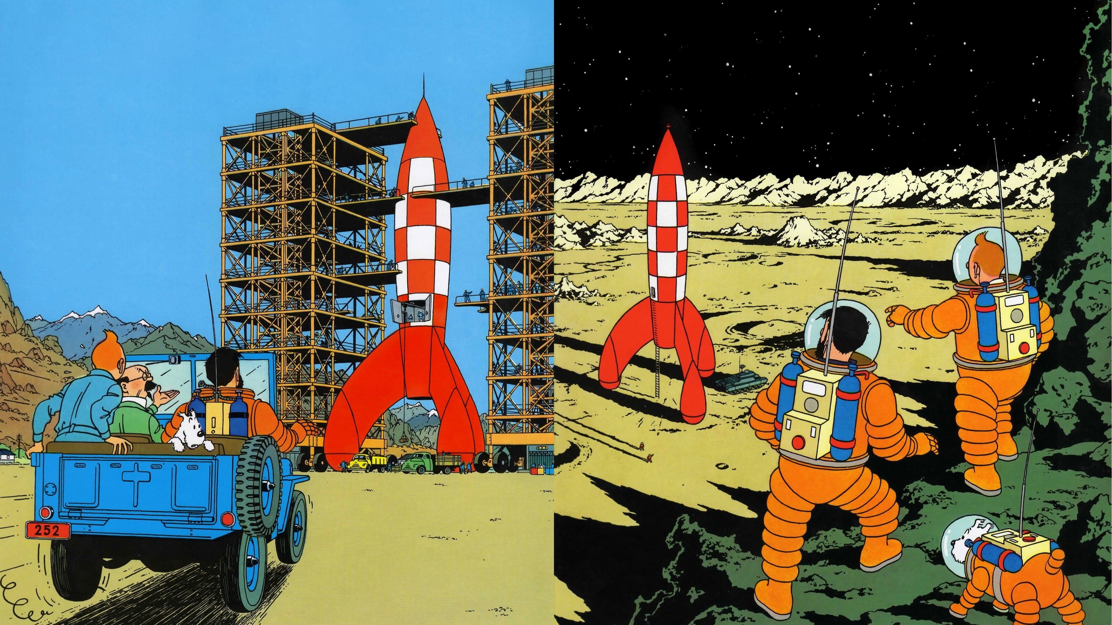 4K, Book Cover, drawing, Tintin, rocket, HD Wallpaper