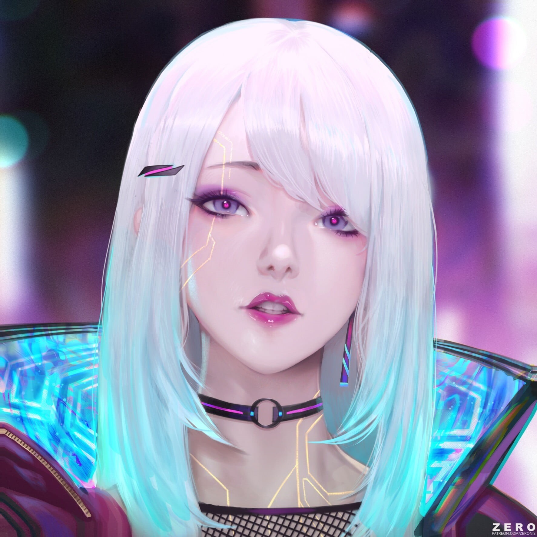 makeup, drawing, circuit, neon glow, bangs, purple eyes, cyberpunk, lens flare, women, jacket, Zeronis, 720P, choker, silver hair, lipstick, Phone HD Wallpaper
