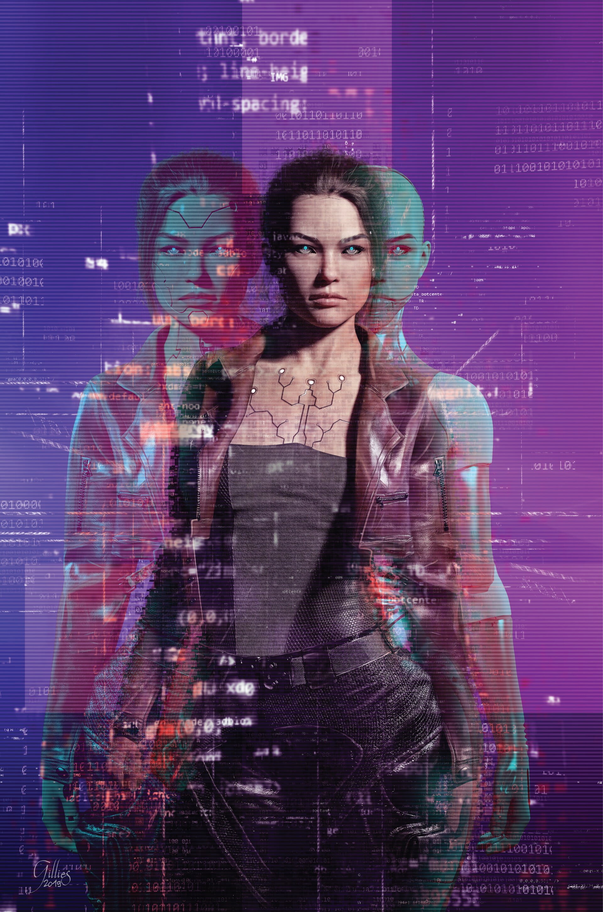 digital art, women, drawing, 2K, cyborg, open jacket, Matthew Gillies, ArtStation, artwork, portrait display, cyberpunk, Phone HD Wallpaper