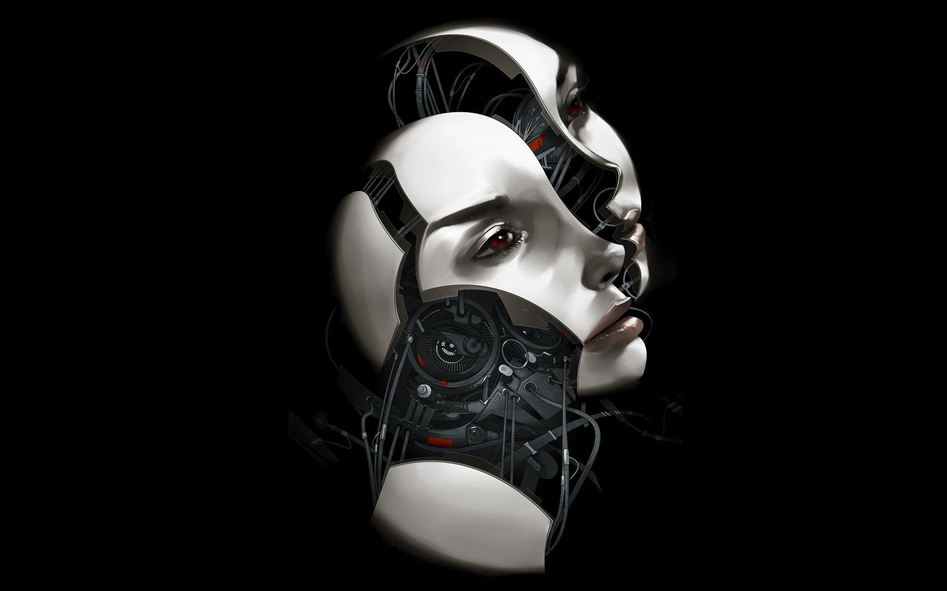 Wires, Androids, science fiction, robot, 1080P, Machine, black background, face, minimalism, digital art, Ann Leckie, Book Cover, women, technology, HD Wallpaper