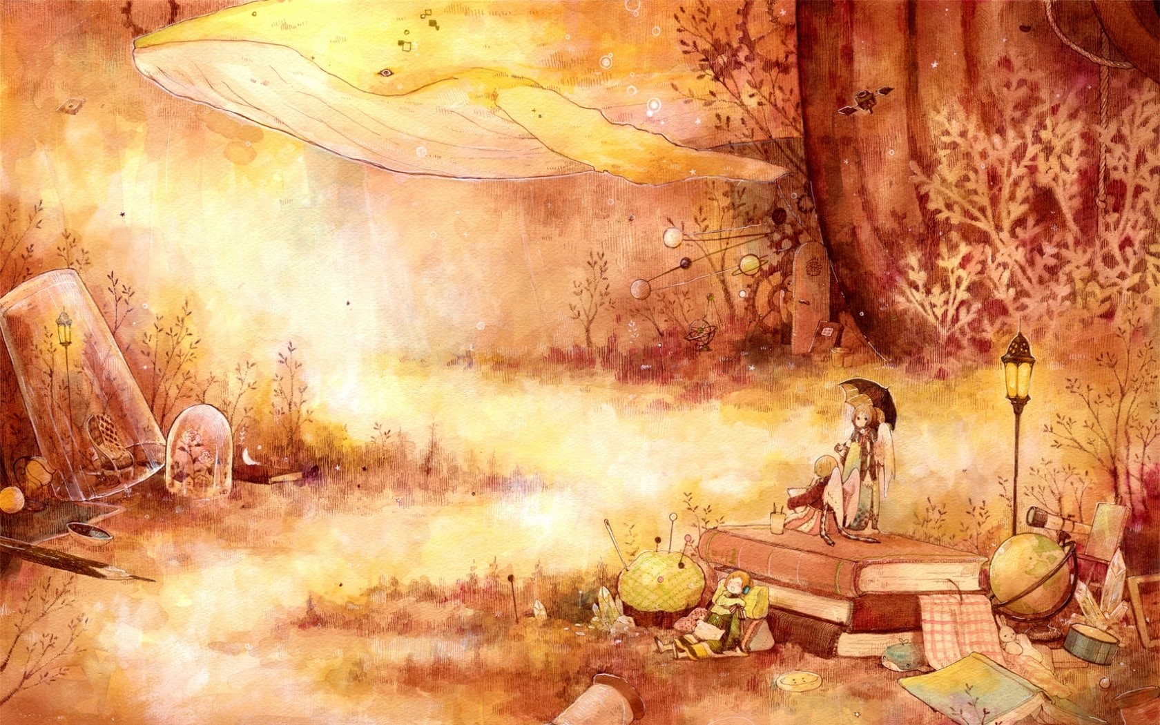 plate, scenery, headphones, stack, 720P, fantasy, kuzira kirara, telescope, book, child, planet, short, sewing, blush, pincushion, rabbit, kuzira, drawing, HD Wallpaper