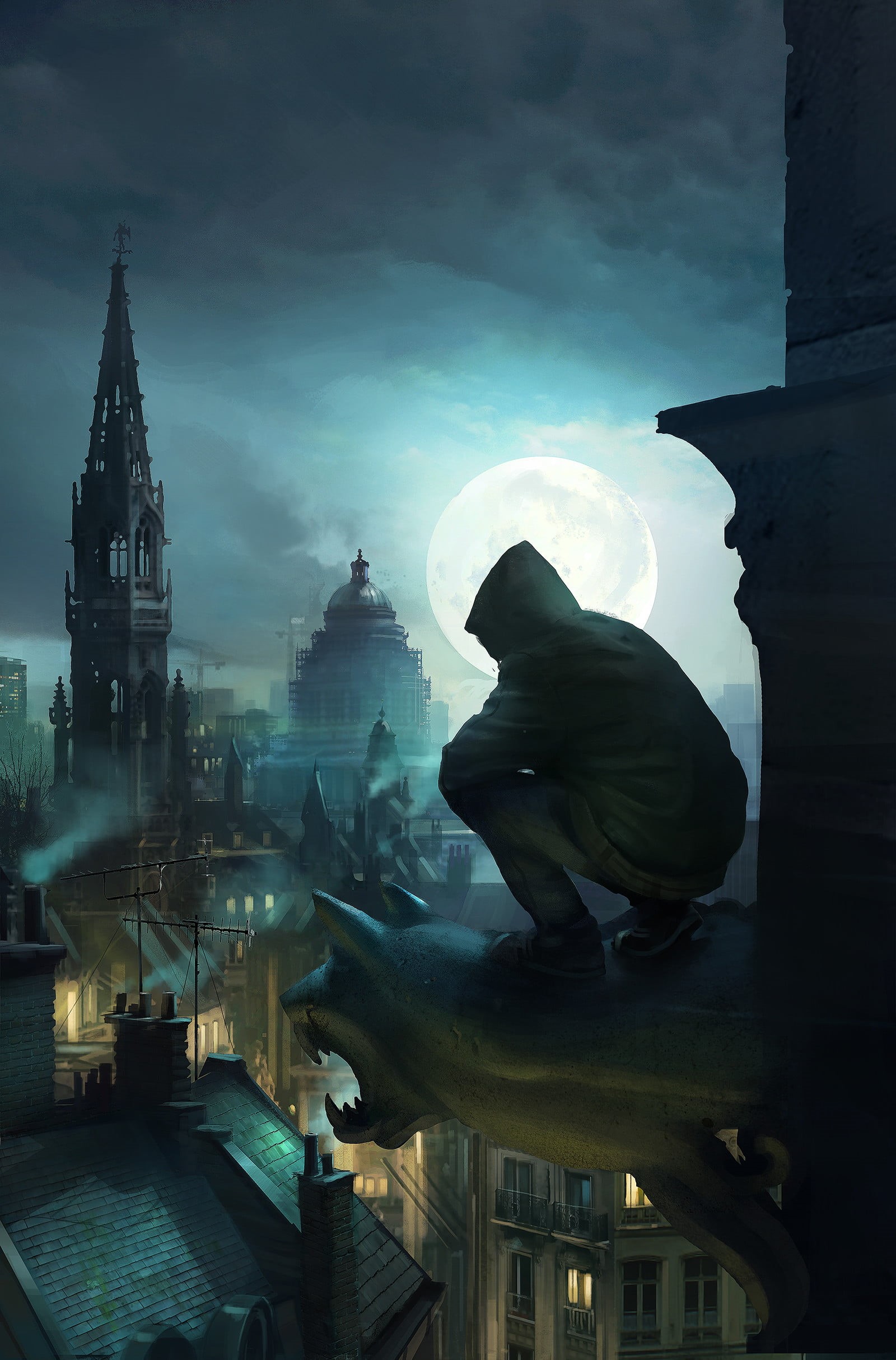 portrait, Hooded Jacket, Johan Vandevelde, black jackets, portrait display, city, moonlight, Moon, fan art, digital art, 1080P, concept art, black clothing, Phone HD Wallpaper