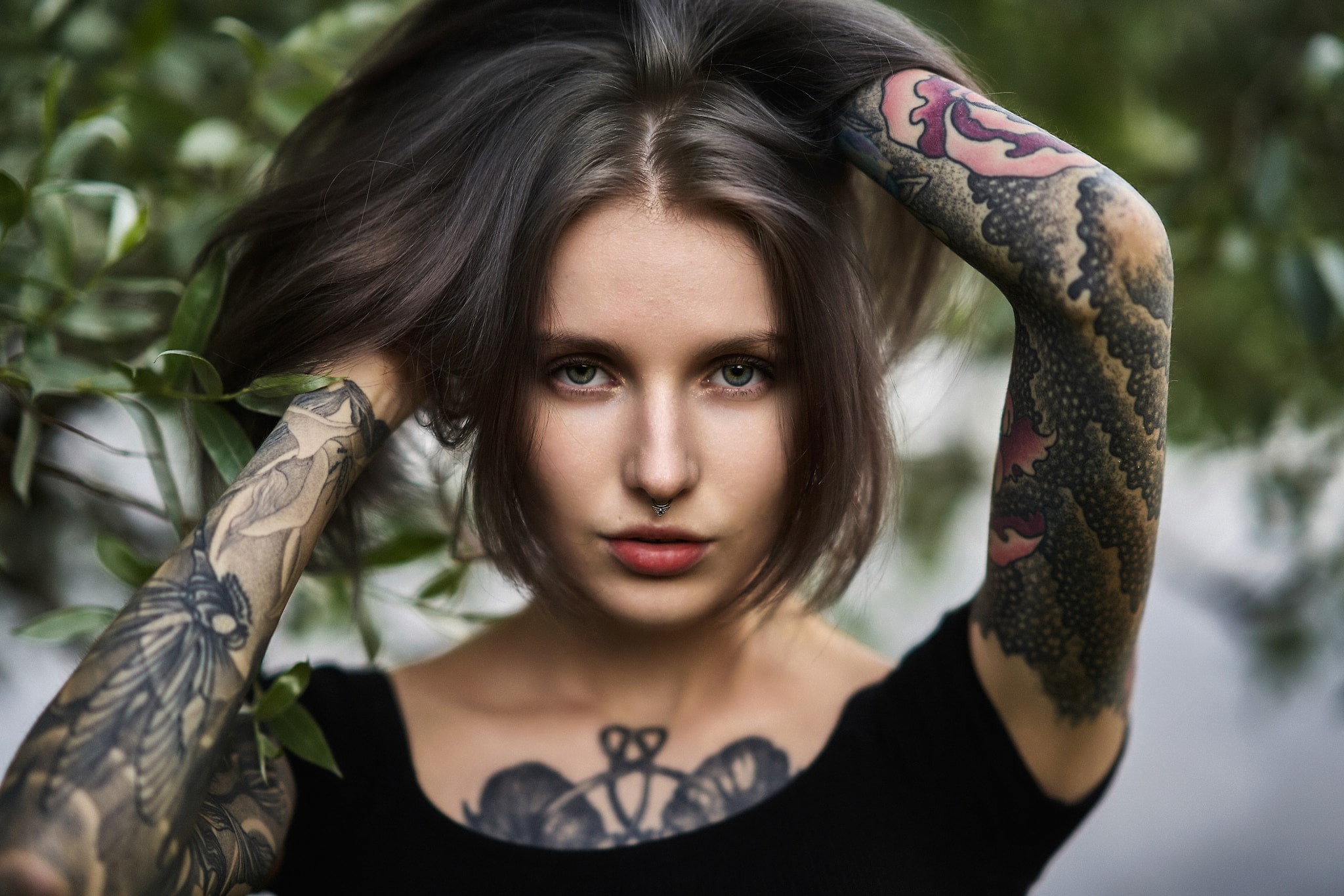 tattoo, face, Aliona German, women, inked girls, portrait, green eyes, 1080P, HD Wallpaper