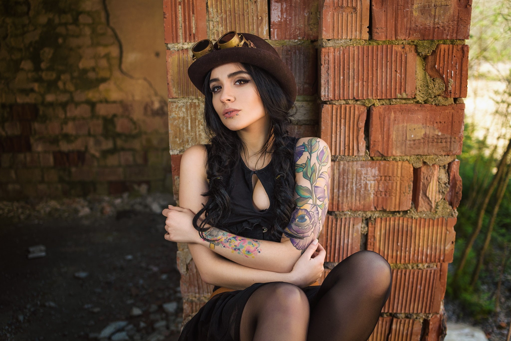 portrait, contemplation, steampunk, Dmitry Medved, outdoors, sitting, inked girls, Aleksa Tereschuk, hat, one person, beauty, hairstyle, adult, young women, HD Wallpaper