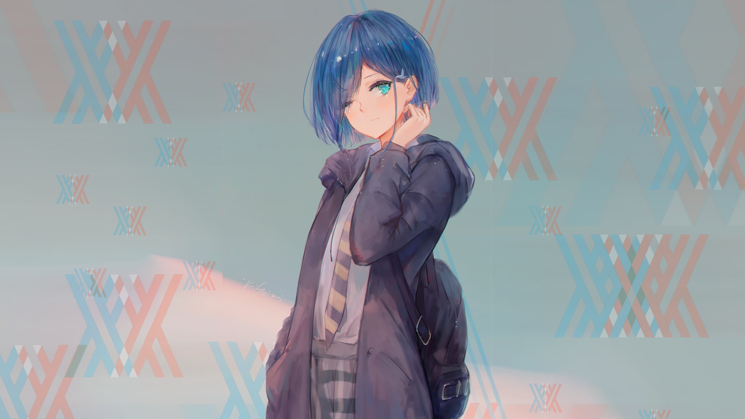 young women, wall - building feature, blue hair, representation, anime girls, obscured face, indoors, digital composite, young adult, lifestyles, creativity, HD Wallpaper