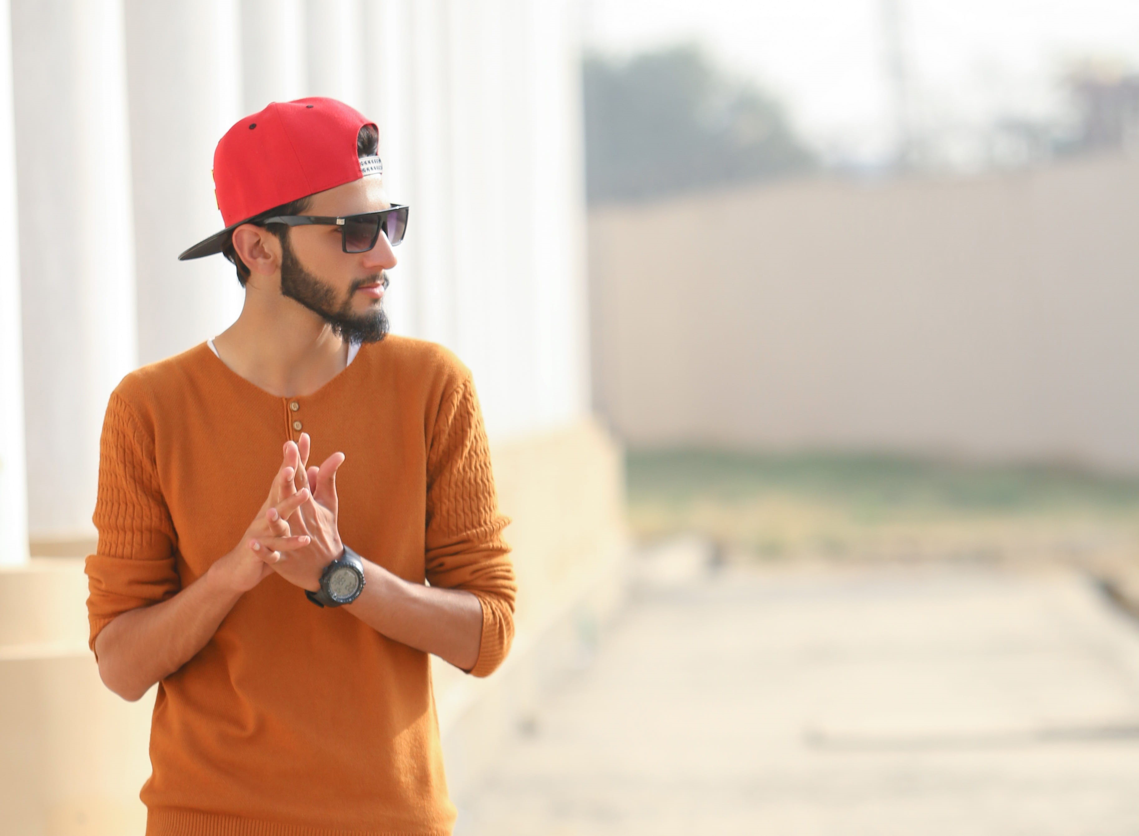 guy, hat, fashion model, culture, modern, fashion, pakistan, near, mixed, photography, man, cap, selective, glasses, boy, hair style, casual clothing, orange color, HD Wallpaper