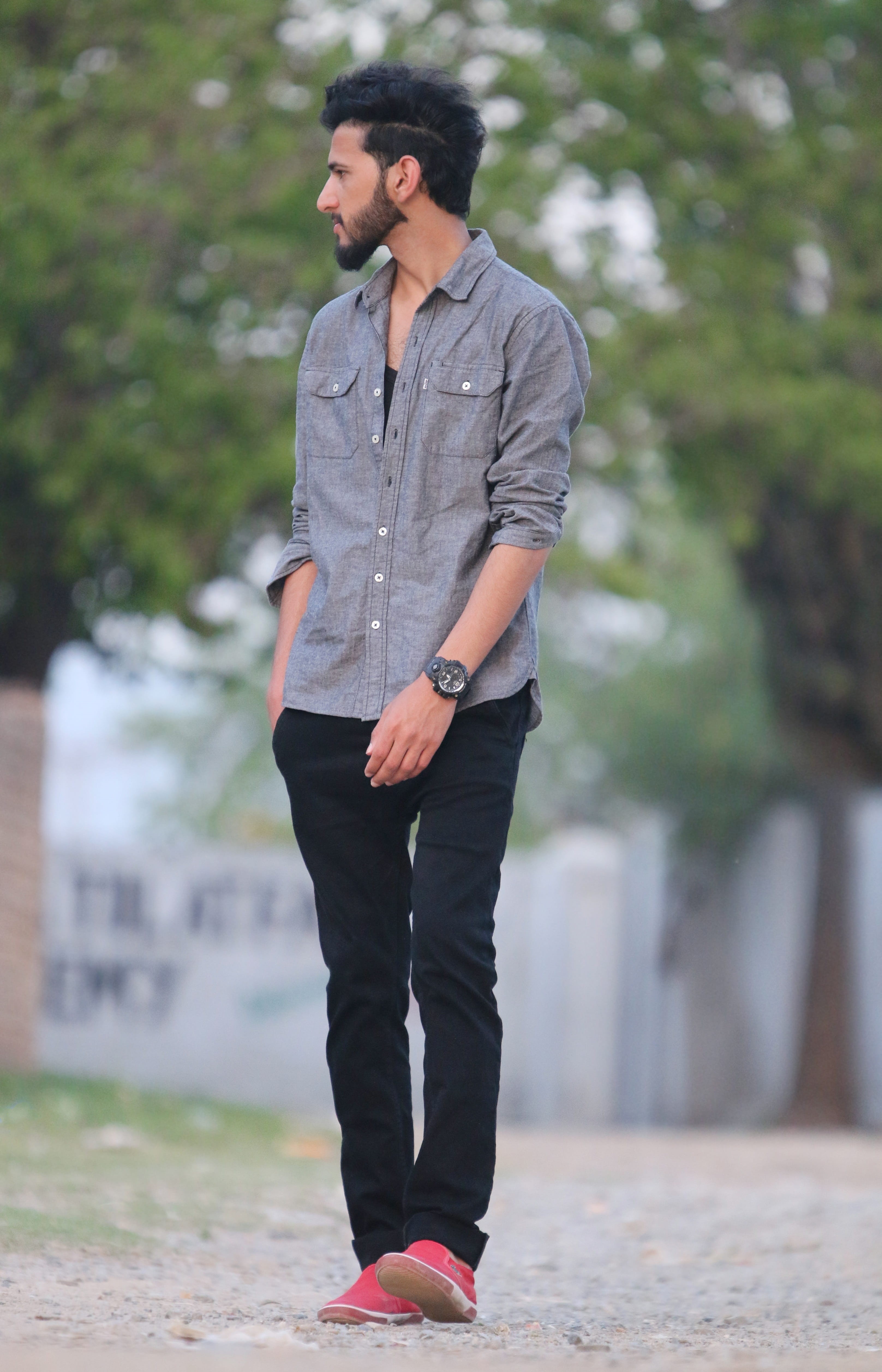 nature, standing, portrait, outside, contemplation, posing, young men, full length, casual clothing, hairstyle, blurry background, outdoors, young adult, Phone HD Wallpaper