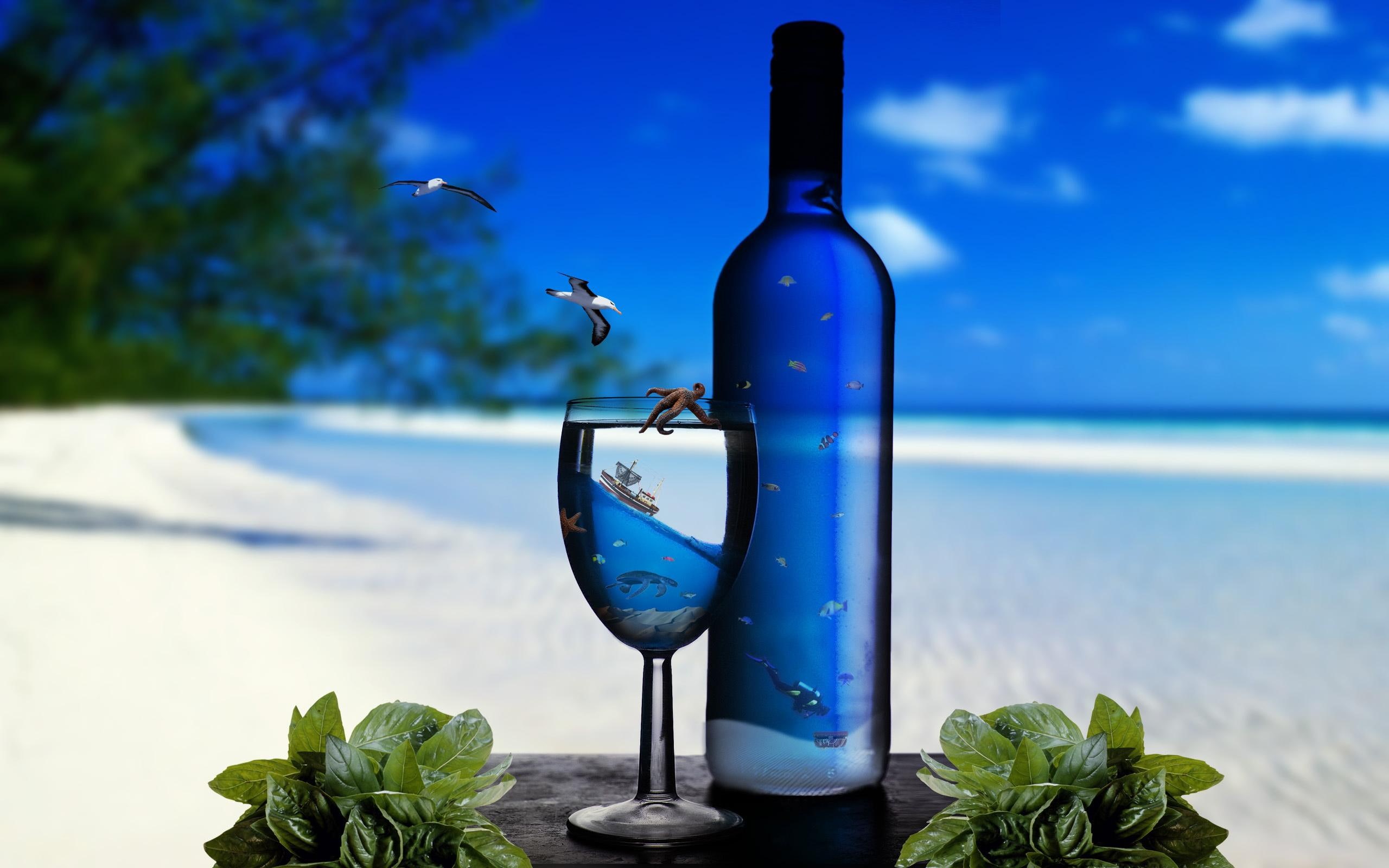 bottle, marine, beach, cocktail, refresh, holiday, 2K, drink, 3d and abstract, HD Wallpaper