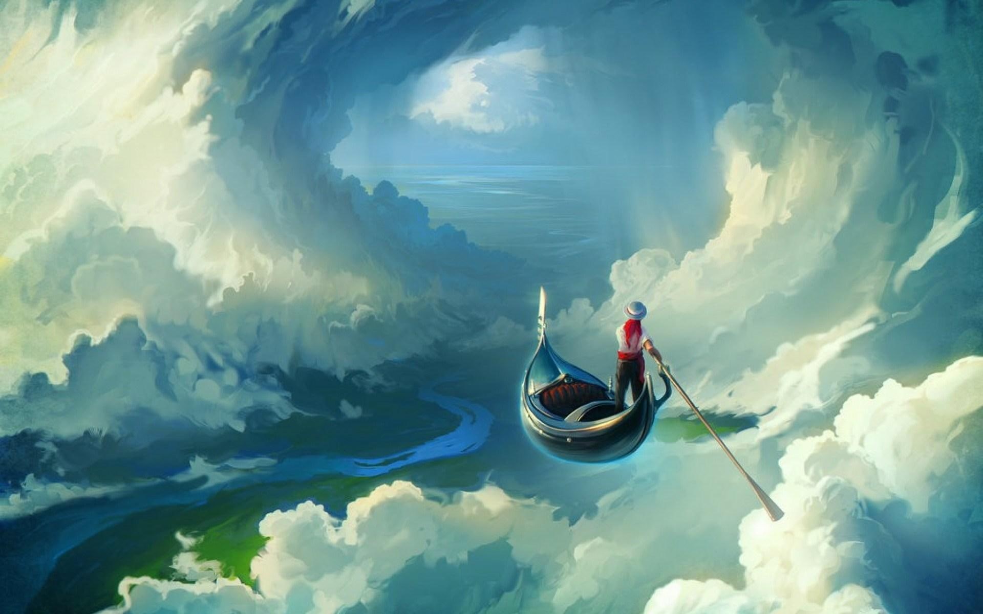 man, artwork, 1080P, gondola, dream, clouds, HD Wallpaper