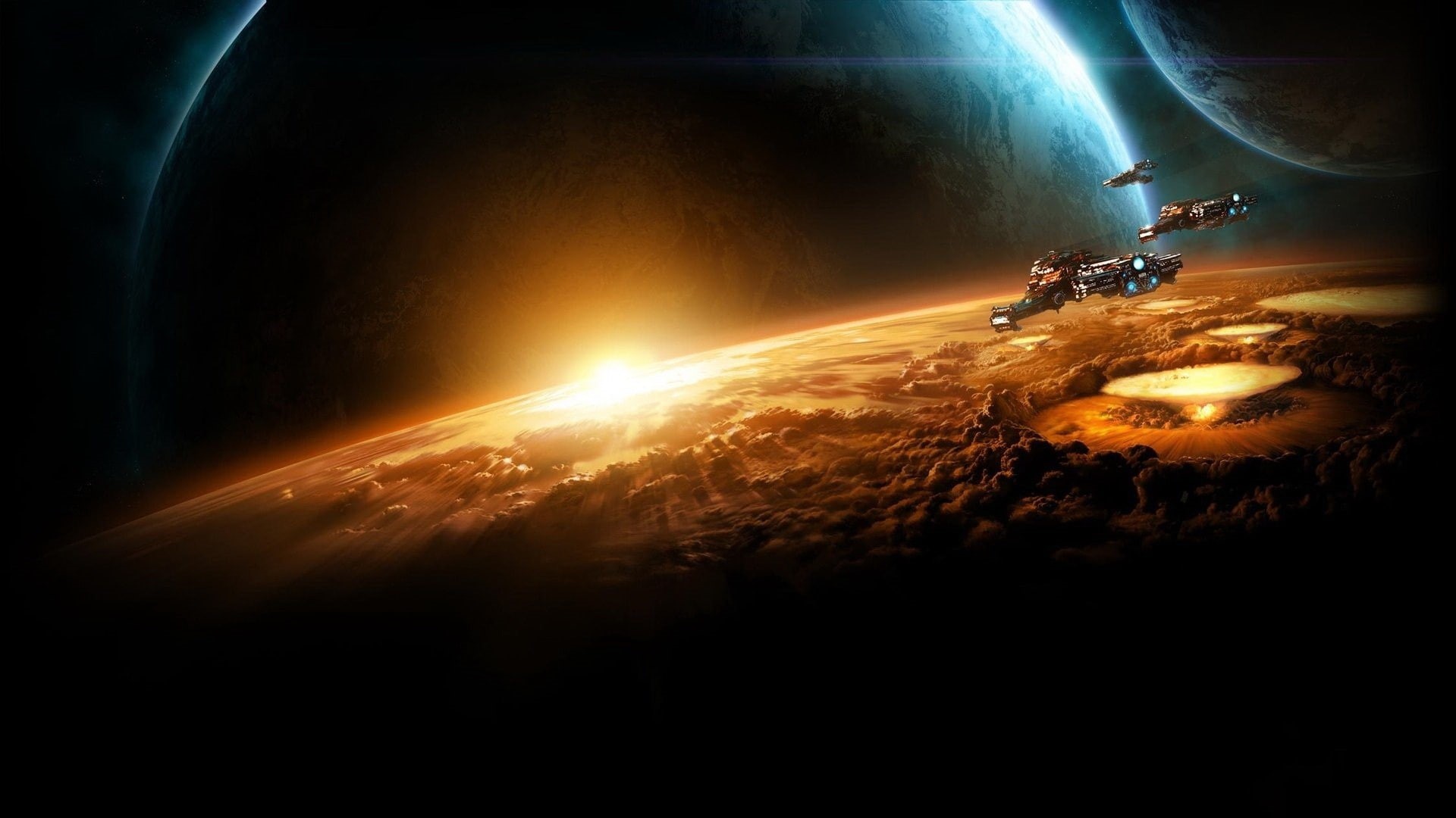 explosions, art, battlecruiser, 1080P, ii, outer, starcraft, outer space, hd, x, planets, space, HD Wallpaper