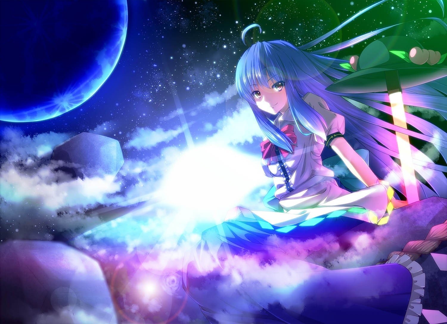 hd, planet, long, x, stars, Blue Clothing, art, long hair, hinanawi, px, asus, Hinanawi Tenshi, artwork, tenshi, sk, technology, hair, Moon, anime, 720P, HD Wallpaper