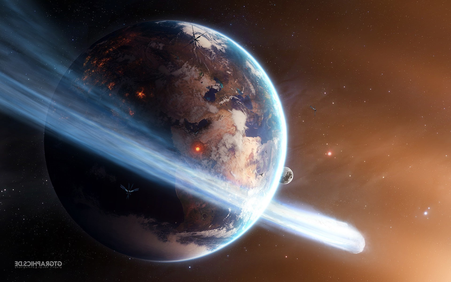 cgi, cloud - sky, Taenaron, satellite view, global communications, night, Earth, science, glowing, nature, star - space, 1080P, globe - man made object, HD Wallpaper