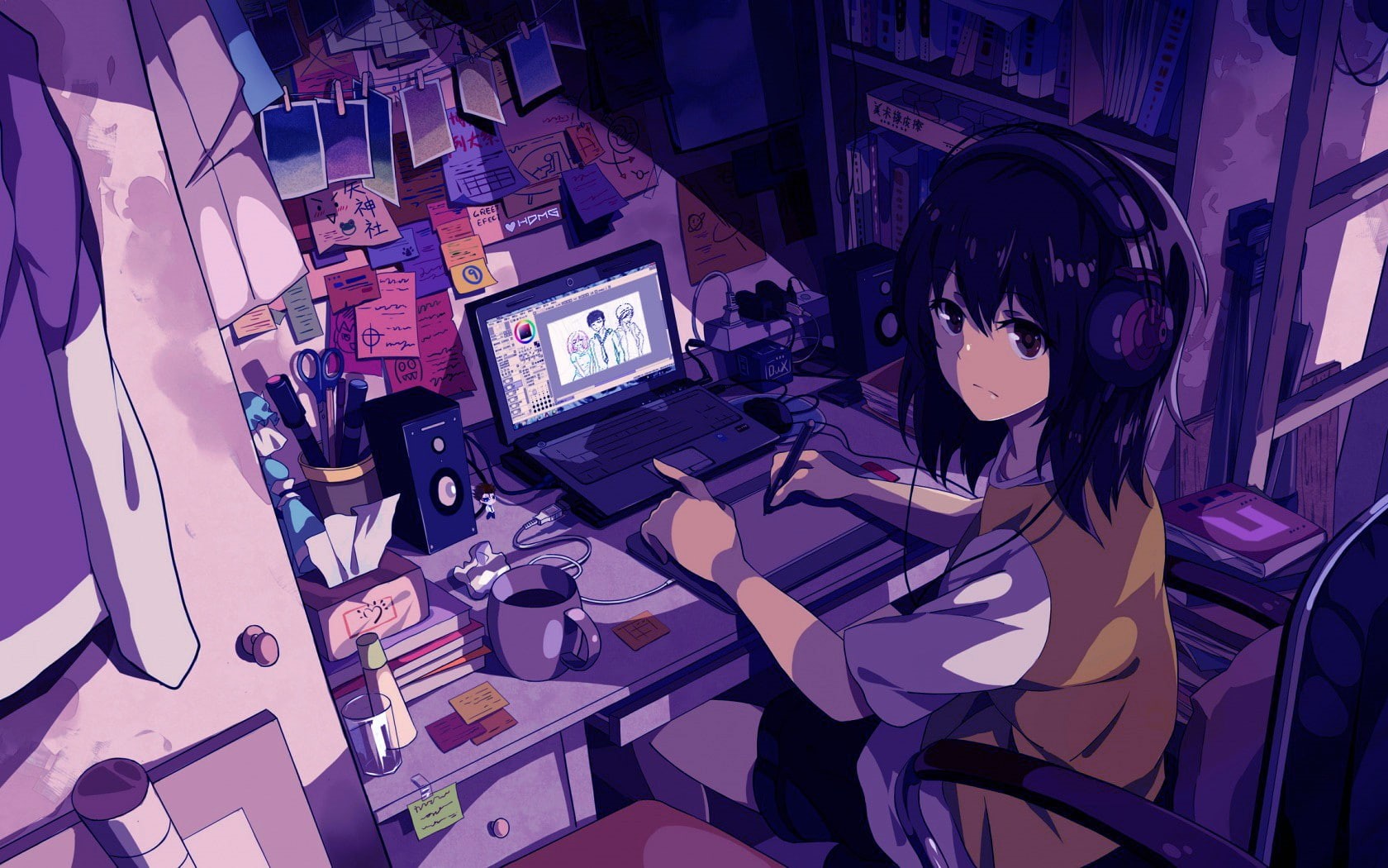 office, one person, women, headphones, working, sitting, computer monitor, business, original characters, anime, 720P, technology, computer equipment, HD Wallpaper